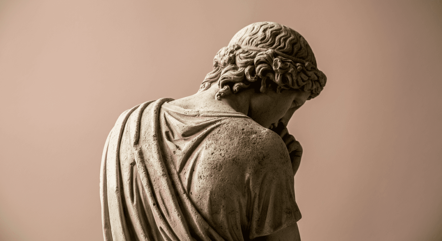 An ancient roman statue of a man looking disappointed