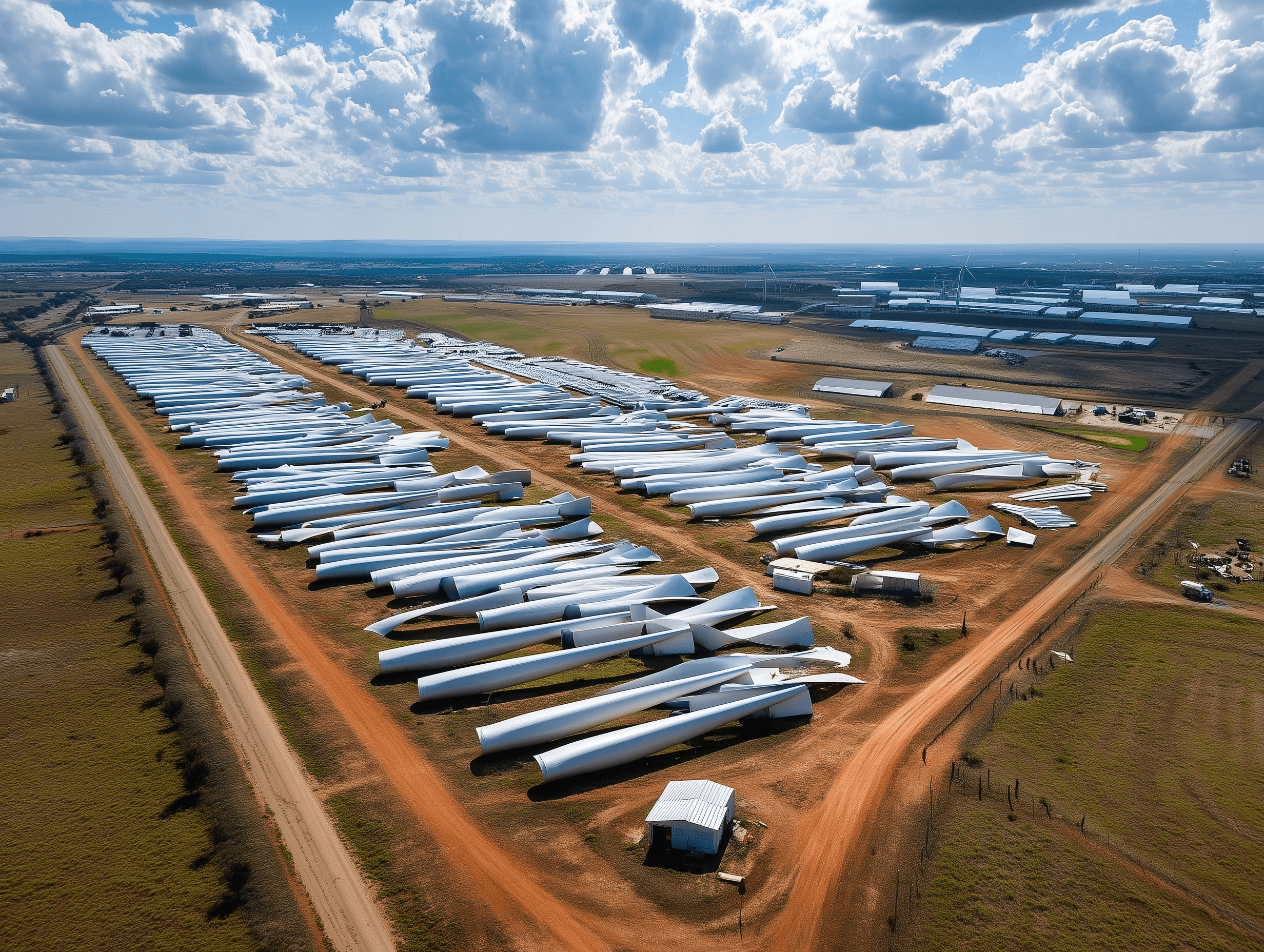 A large amount of broken wind turbine blades at a landfill