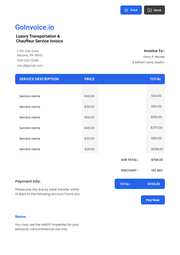 Luxury Transportation & Chauffeur Service Invoice