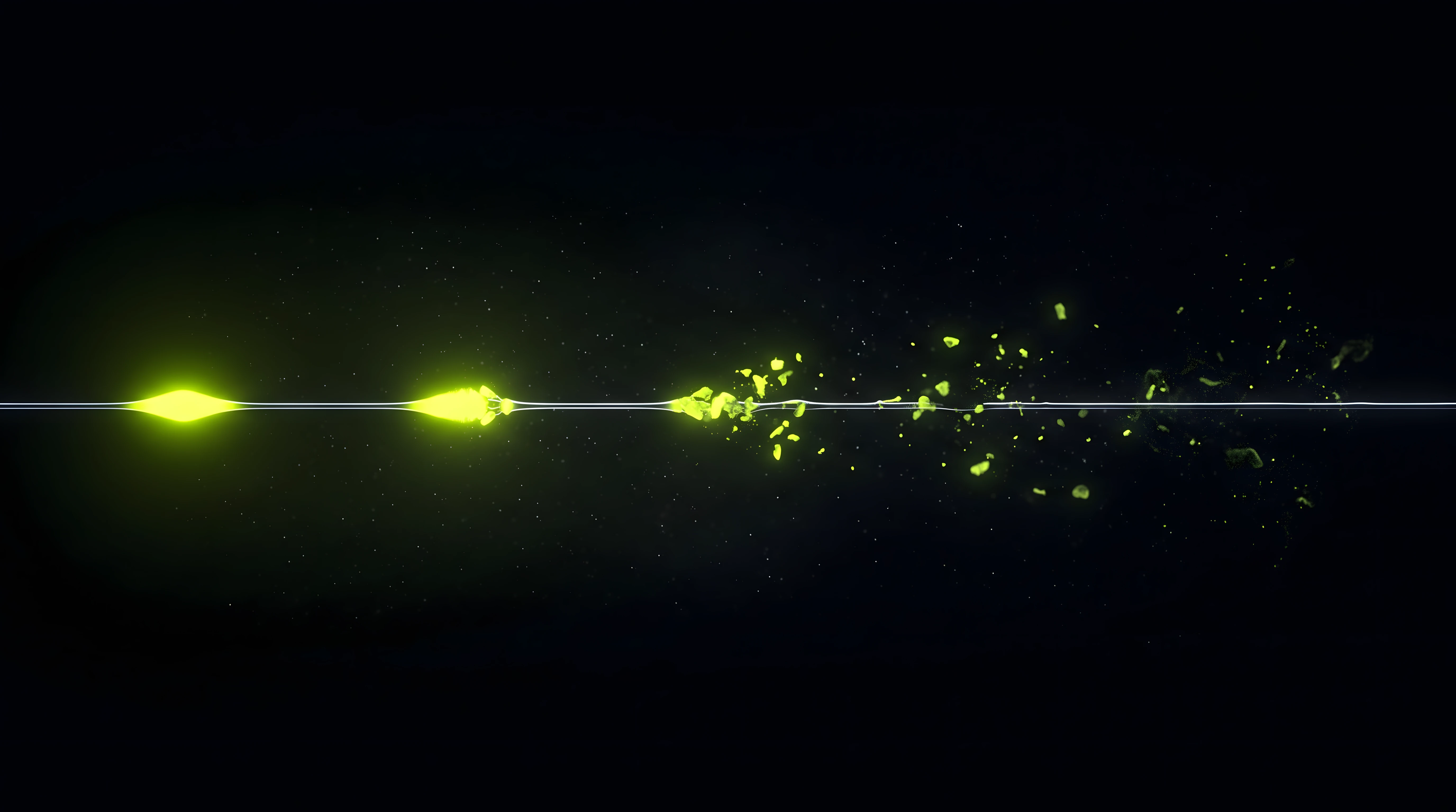 A crisp toxic lime pulse travelling a thin liquid chrome line on deep void black, arriving at the far end broken into scattered fragments, representing a finished sound logo degraded by its web implementation.