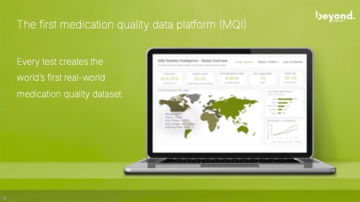Pitch-Folie Beyond Diagnostics: Laptop mit Dashboard der ersten Datenplattform fรผr Medikamentenqualitรคt (MQI)