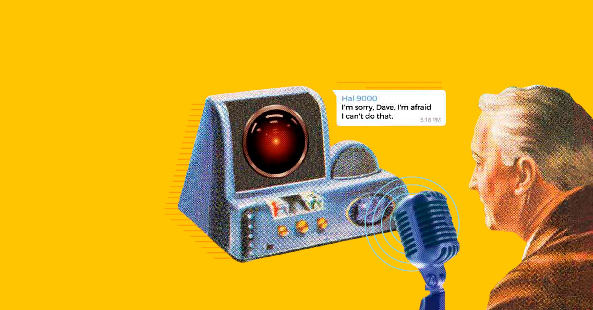 Hombre frente a computadora futurista y micrófono vintage sobre fondo amarillo.