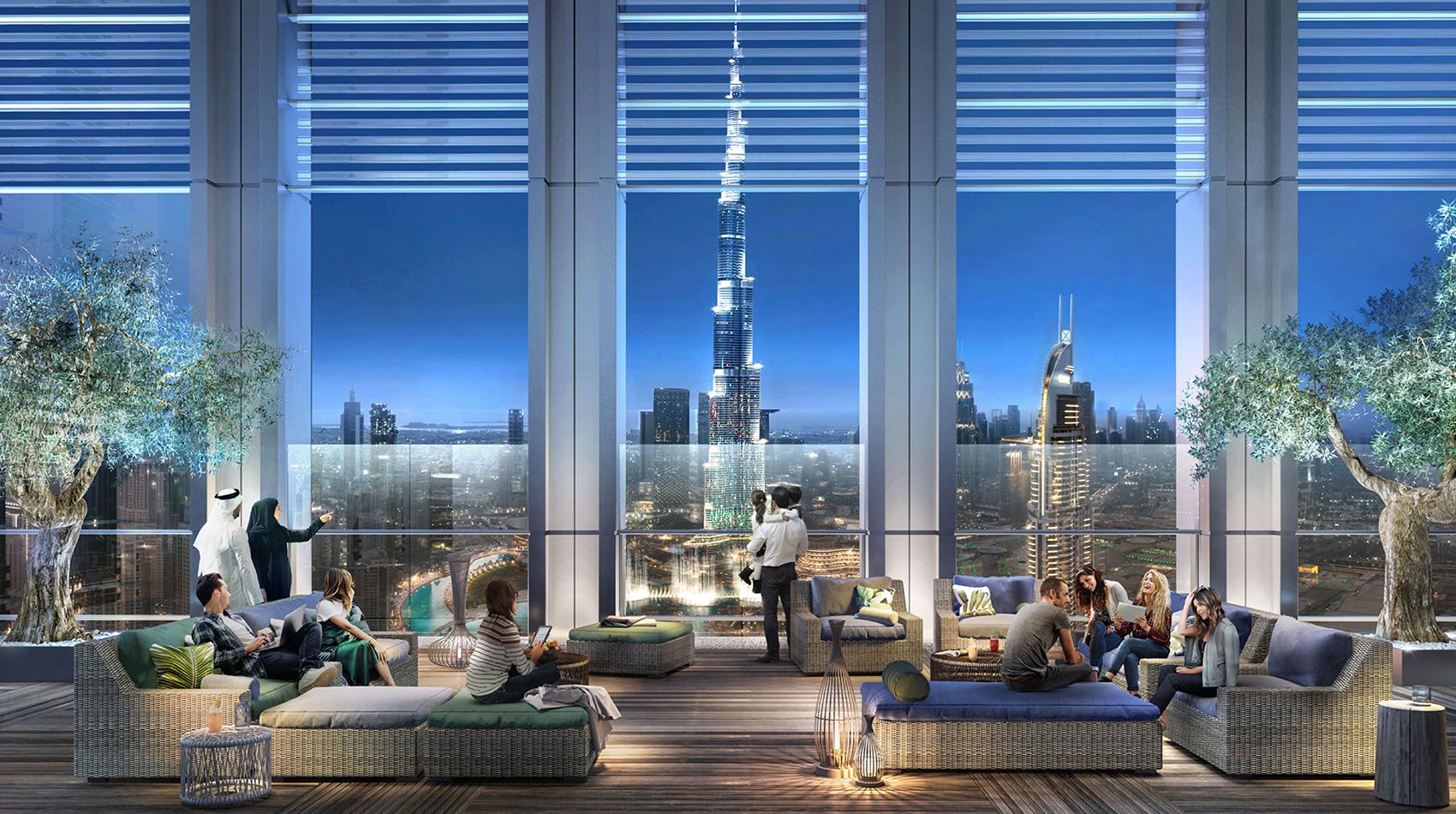 Expansive rooftop swimming pool area providing panoramic city views for a high-end lifestyle in Dubai.