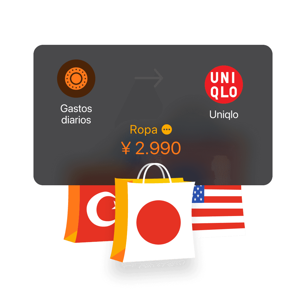 Tarjeta de moneda que muestra el cambio de ¥2,890 con las banderas de Japón, Turquía y los EE.UU.