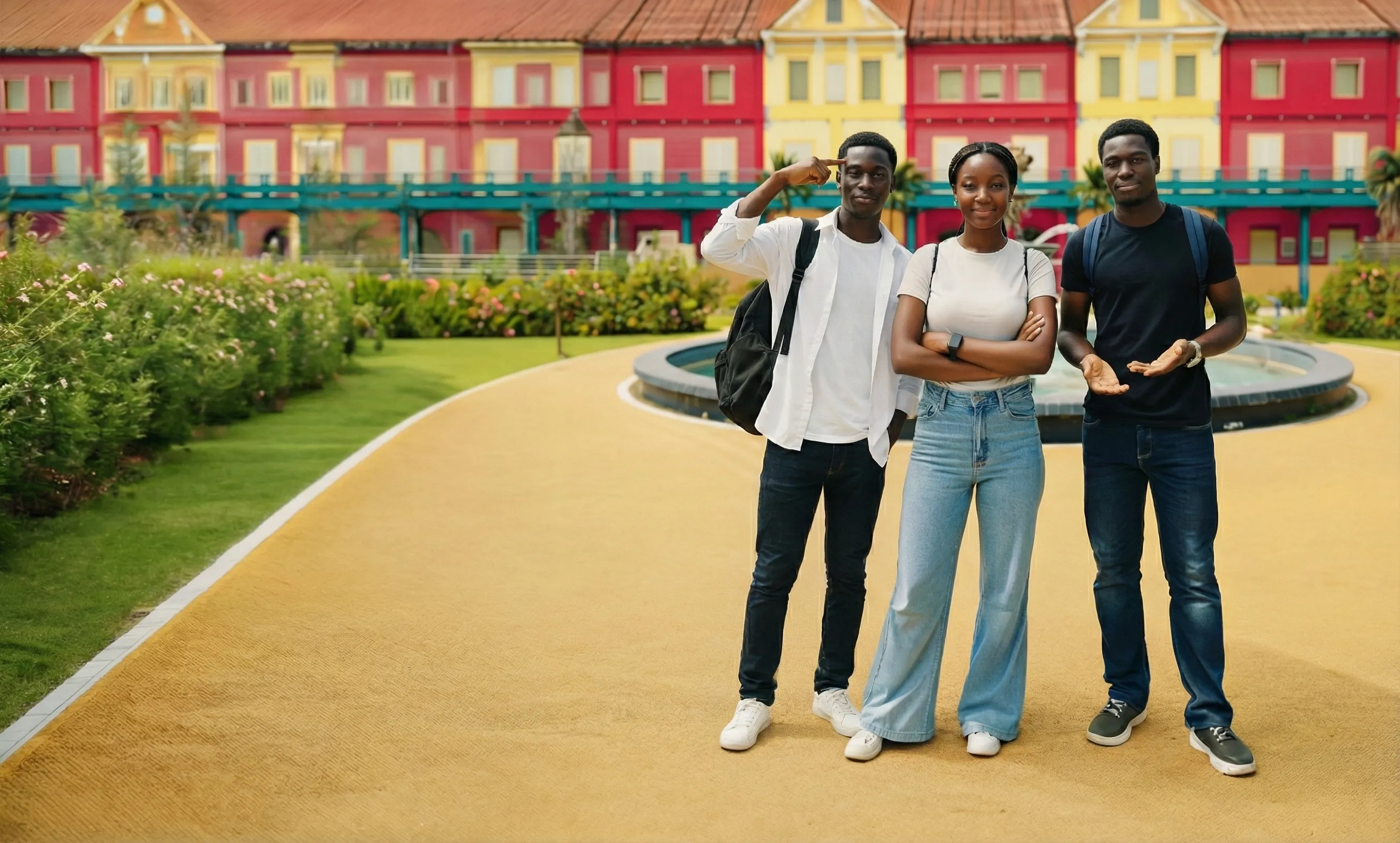 Trois étudiants de l'ICEA Martinique posant ensemble devant des bâtiments colorés, symbolisant la cohésion, l'amitié et le dynamisme de la communauté étudiante