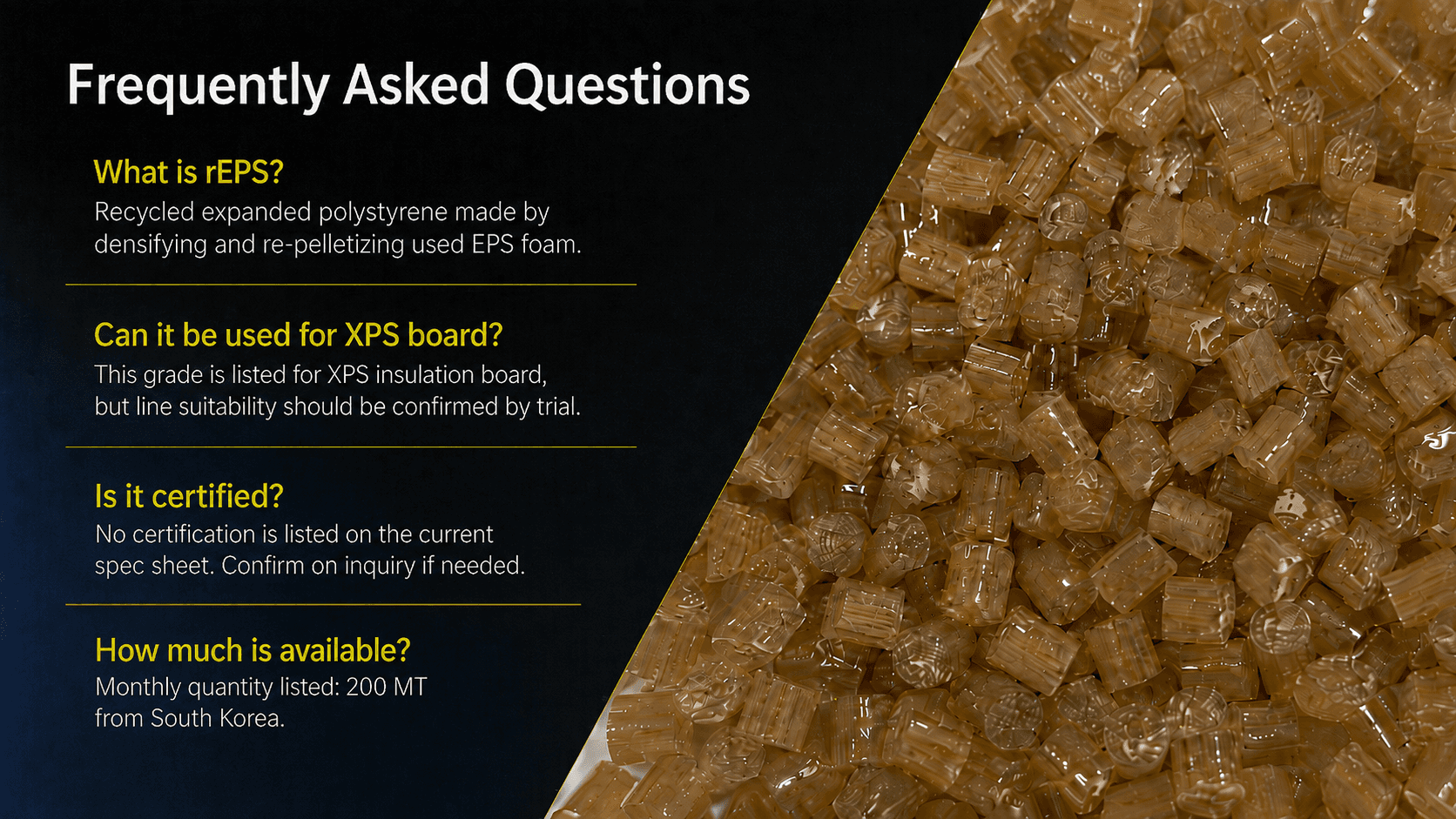 FAQ infographic about brown rEPS pellets, summarizing what rEPS is, XPS board use, certification status, and monthly availability of 200 MT.