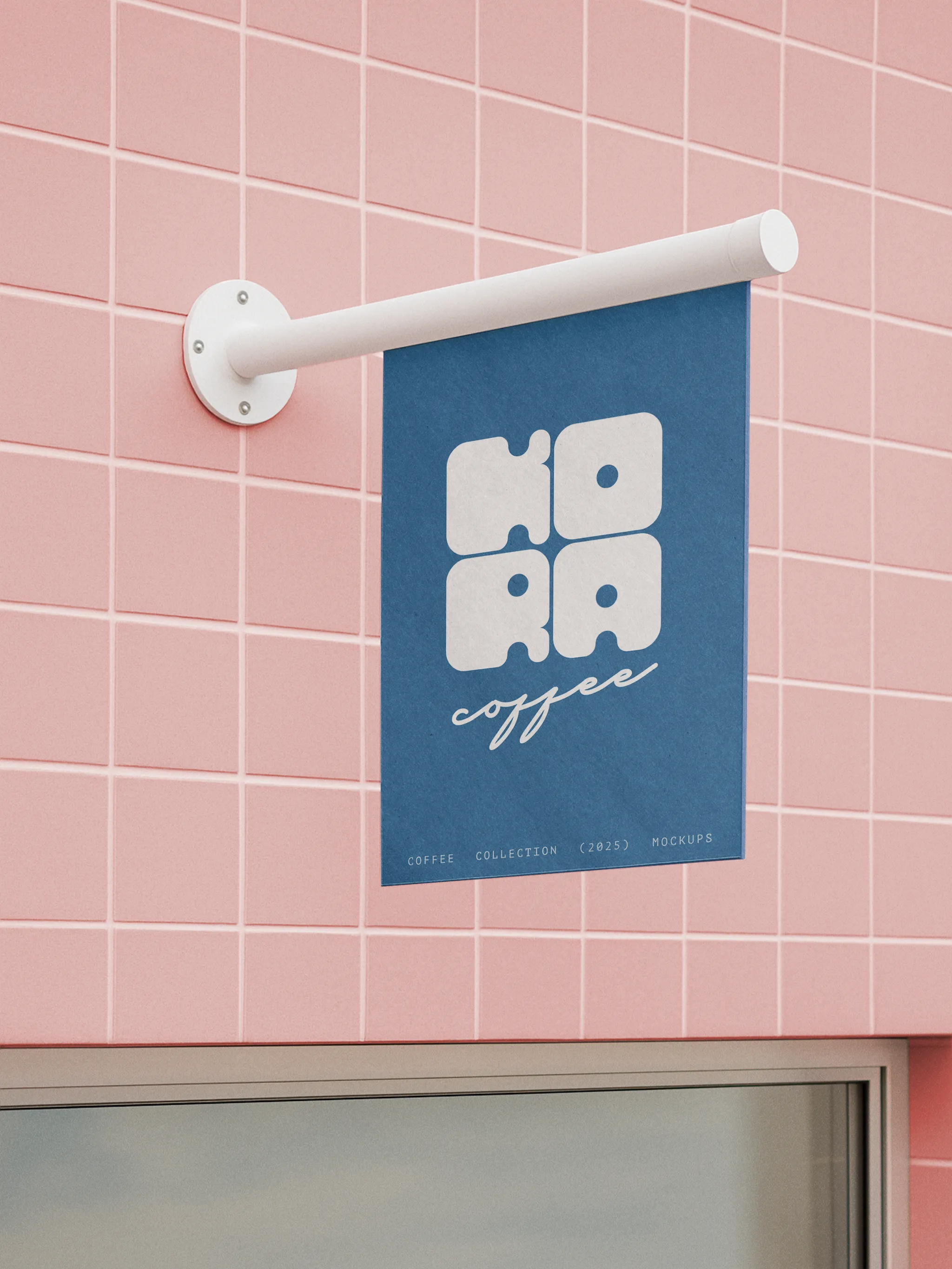 Blue branded hanging sign on pink tiled wall
