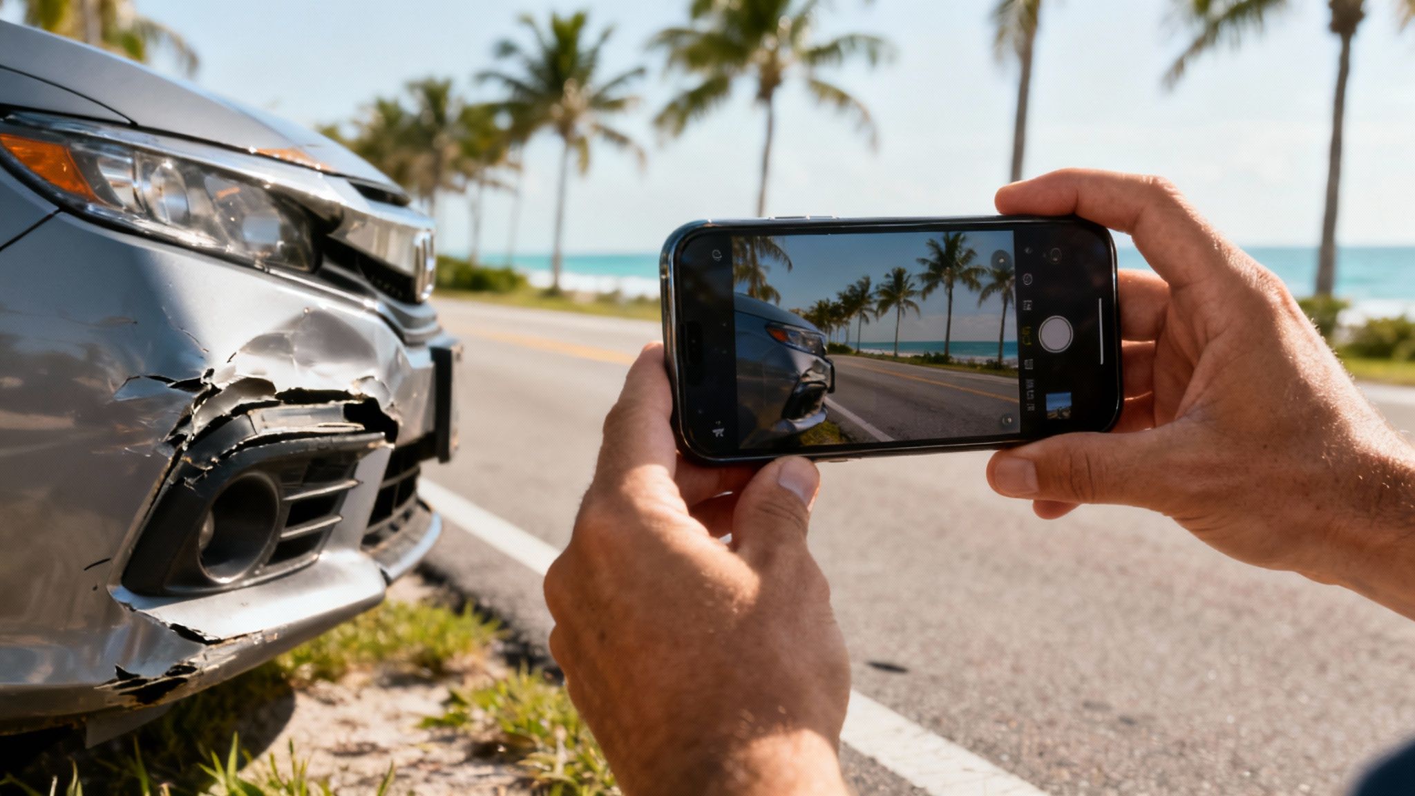 Person's hands holding a smartphone, photographing a severely damaged car bumper by the road.