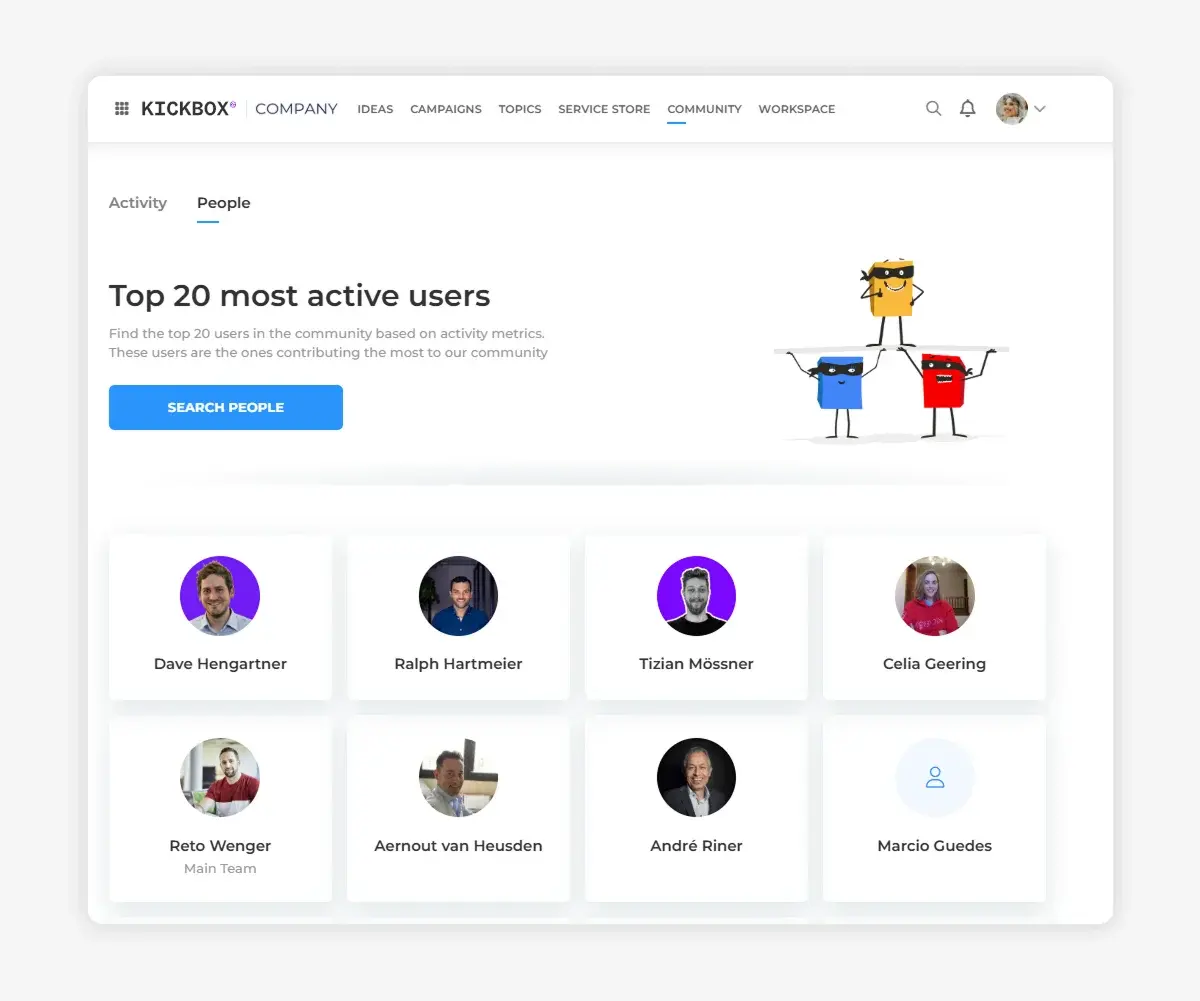 Screenshot of the KICKBOX platform “Community” page displaying the “Top 20 most active users.”
