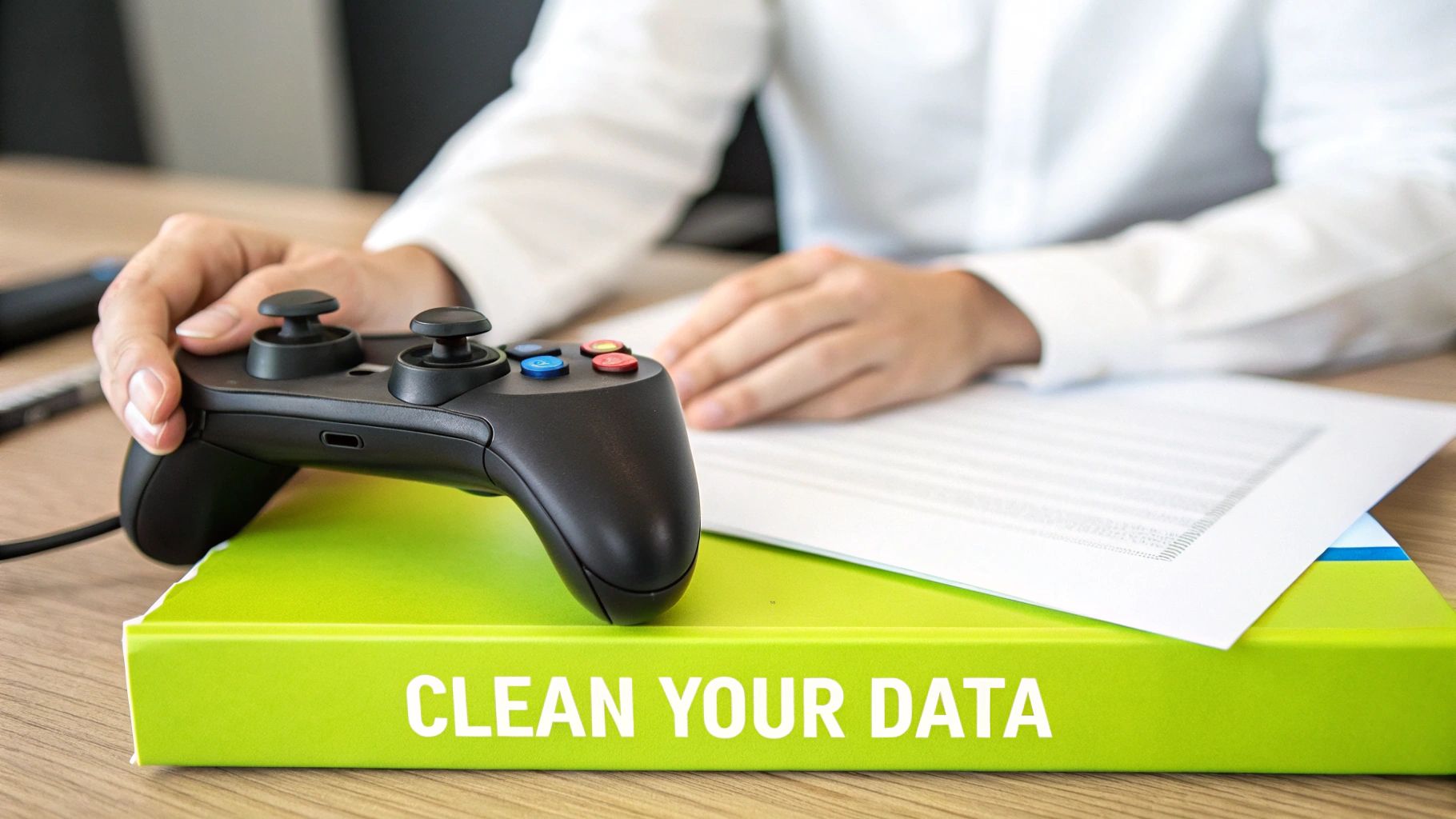 Hand holding a game controller on a green 'Clean Your Data' binder at a desk.