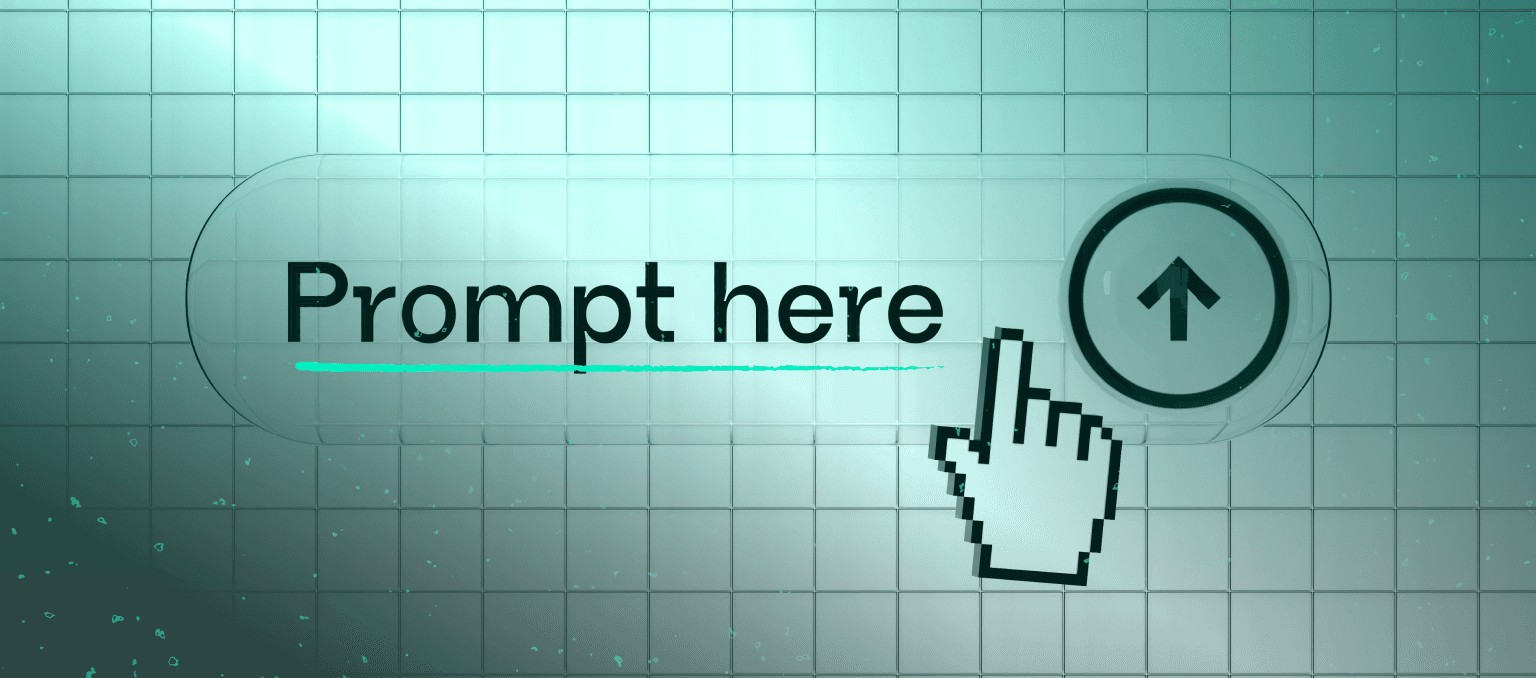 Interface-style prompt bar with “Prompt here” text and a cursor clicking an upload arrow, representing AI-assisted input for email copy and design workflows.