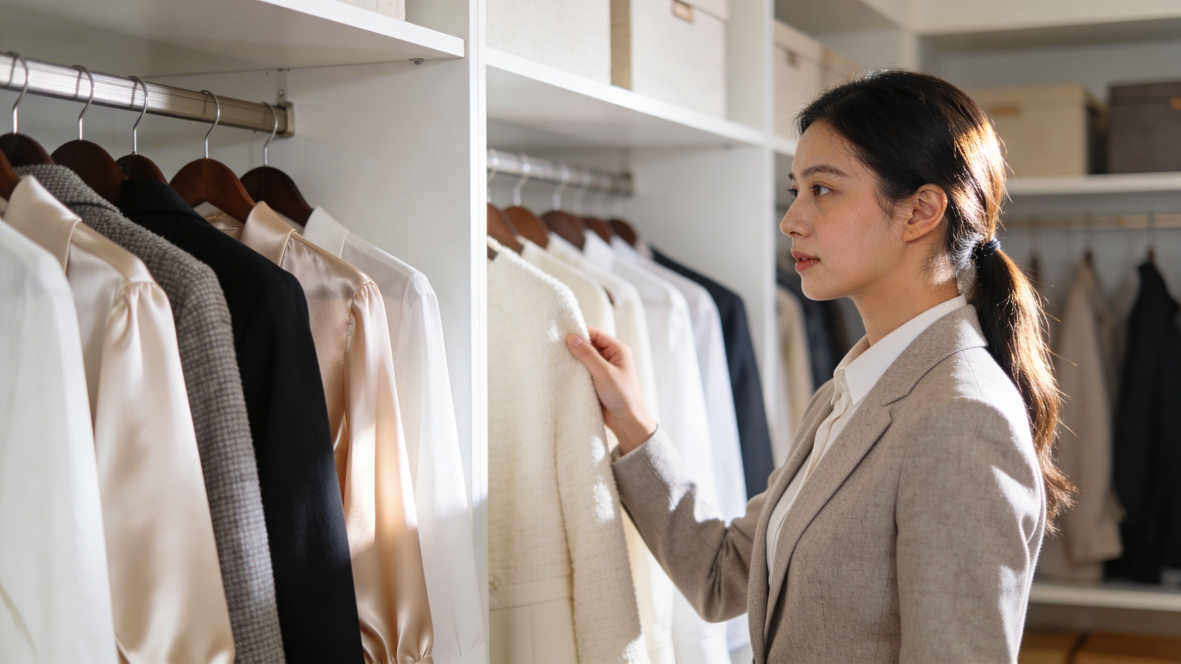 Eine junge Frau in einem professionellen Blazer wählt ein Kleidungsstück aus einem ordentlich sortierten Kleiderschrank aus.
