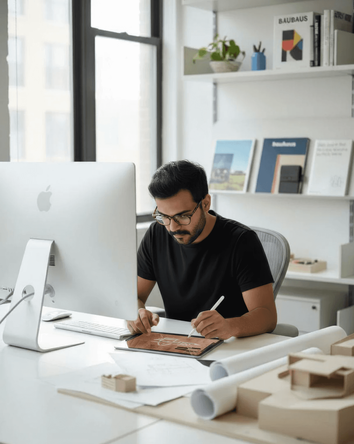 Unmesh working at a white desk with iMac, sketchpad, and architectural models