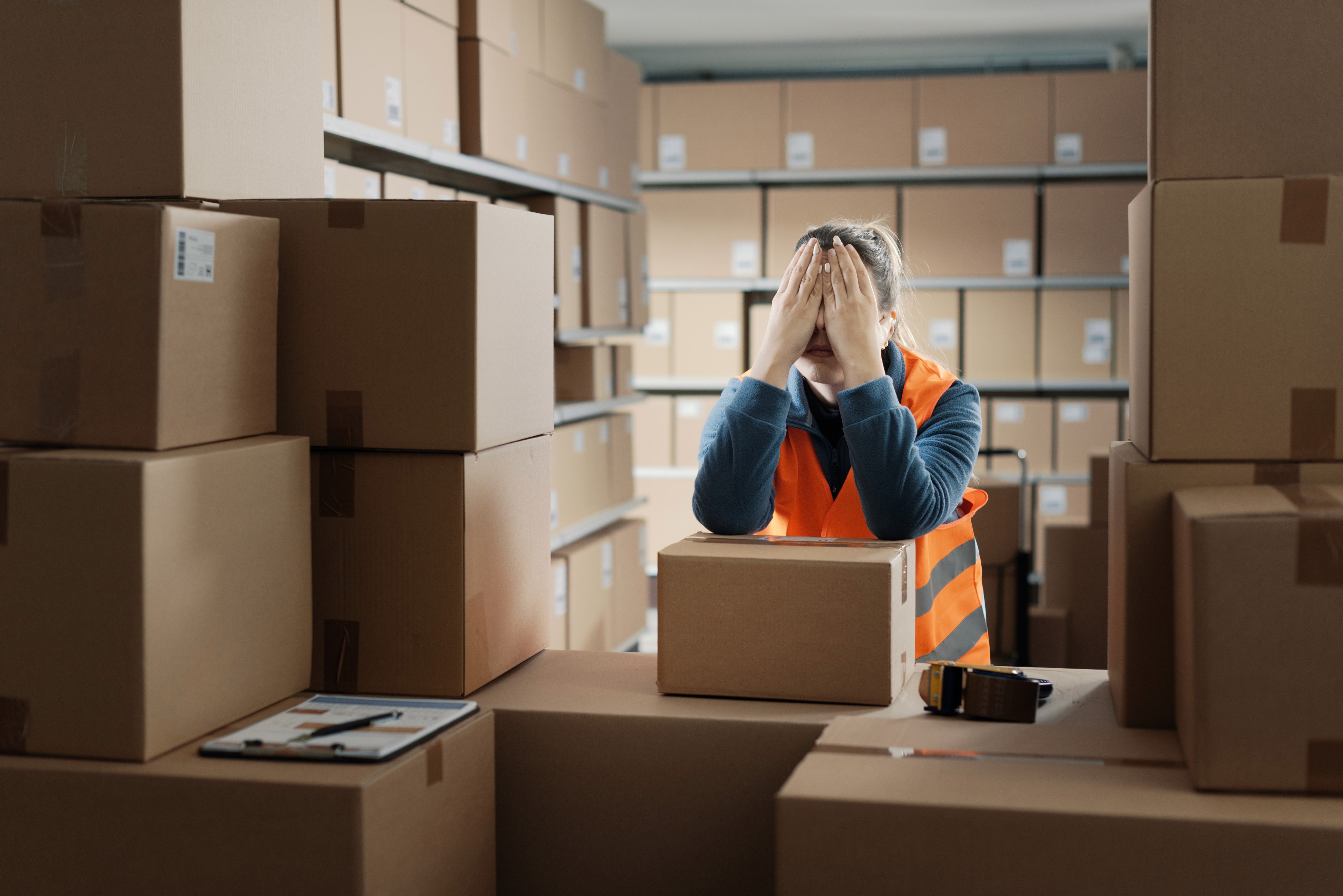 A person stands among stacked cardboard boxes, looking at a phone in a storage or warehouse setting.