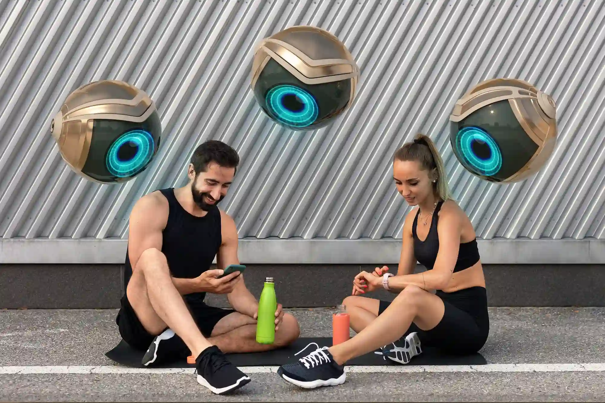 A man and woman in athletic wear sitting outside after a workout with three futuristic floating camera drones watching them.