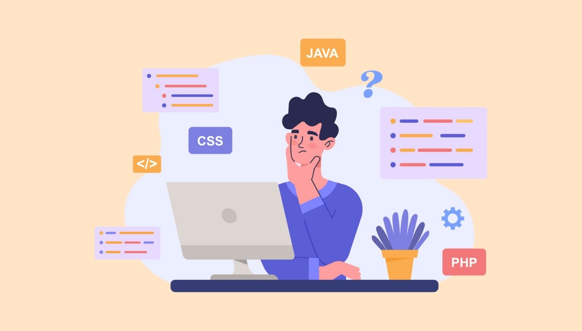 Illustration of developer at desk surrounded by floating labels for Java, CSS, PHP, and code snippets.