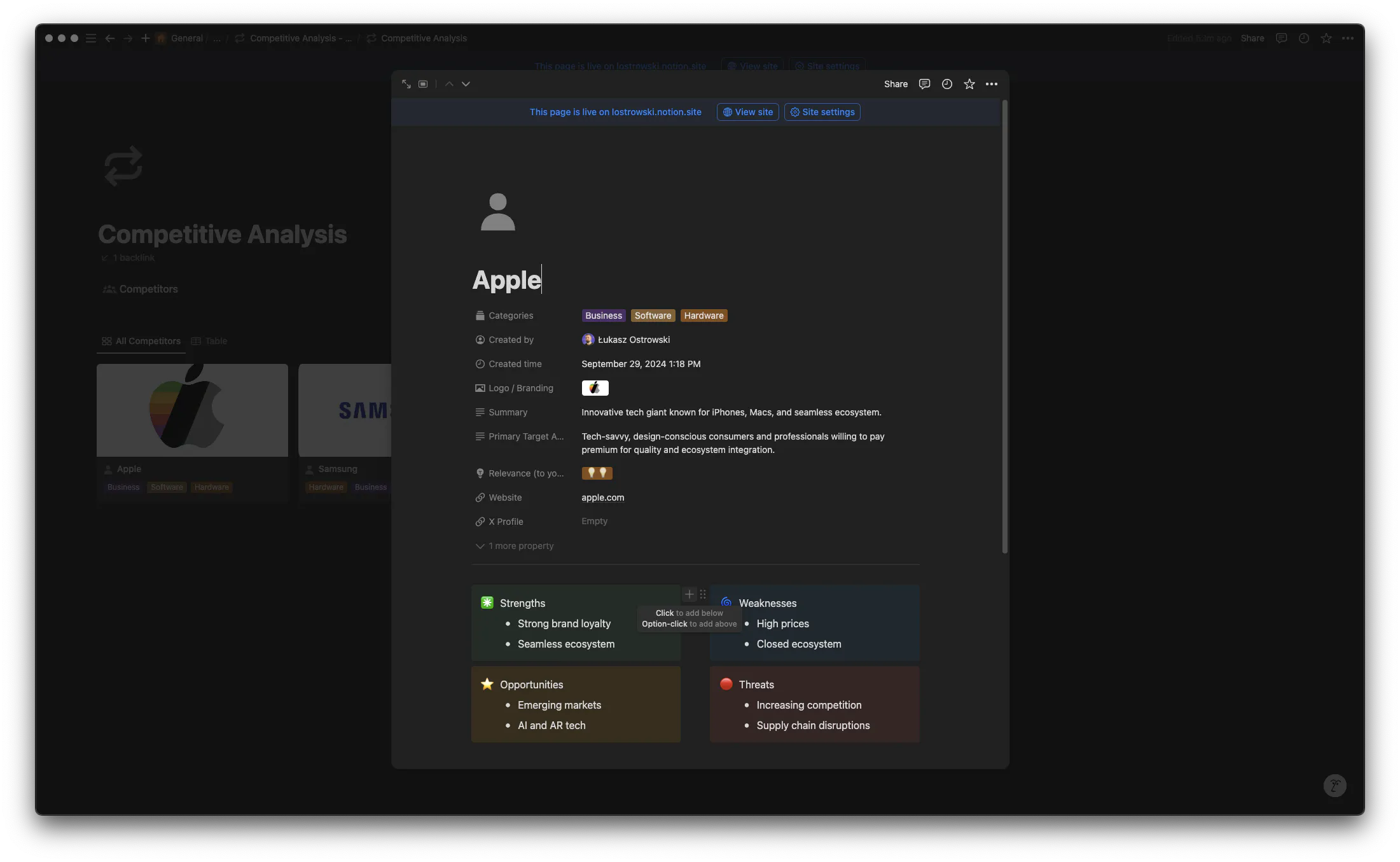 Competitive Analysis Notion template displaying detailed Apple competitor profile in dark mode. Features include company summary, target audience, relevance rating, and a color-coded SWOT analysis. The left sidebar shows Lucas Ostrowski's workspace structure, highlighting the template's integration into a comprehensive business management system. Demonstrates the template's depth of analysis and user-friendly interface for effective market intelligence gathering