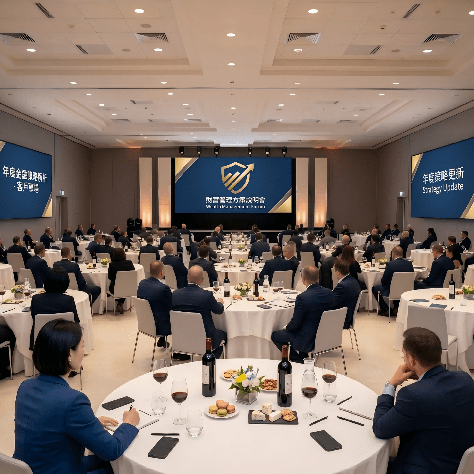 企業客戶說明會上講者在投影幕前清晰講解產品與方案，客戶專心聽講與記錄內容，體現專業研討會策劃與現場統籌 Client seminar with business speaker presenting product solutions on screen and focused customers taking notes showing professional seminar planning and execution 企業客戶