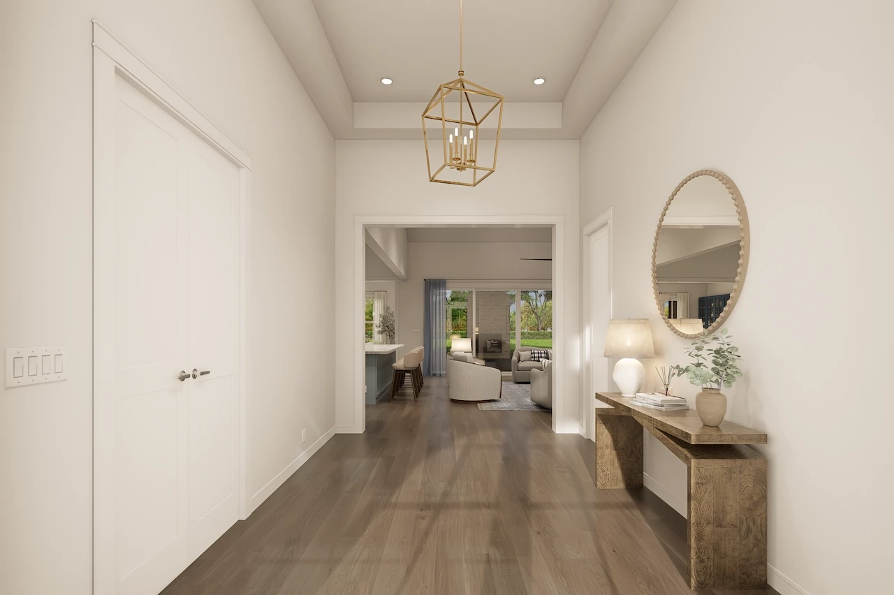 High-end 3D render of a clean, modern entry hall featuring wooden floors, a decorative console table, and a gold pendant light. Created by 3D CBA.