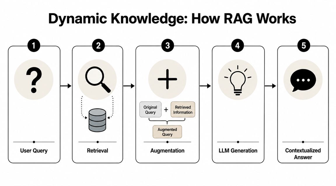 A diagram illustrating the five-step process of Retrieval-Augmented Generation, including query, retrieval, augmentation, generation, and response.