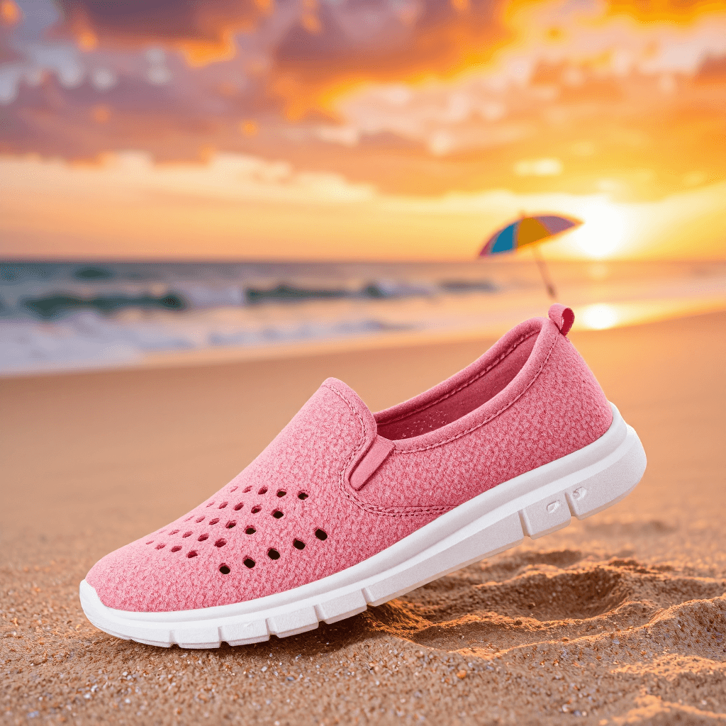 product photography of a pair of casual slip-on shoes made of soft plastic with ventilation holes