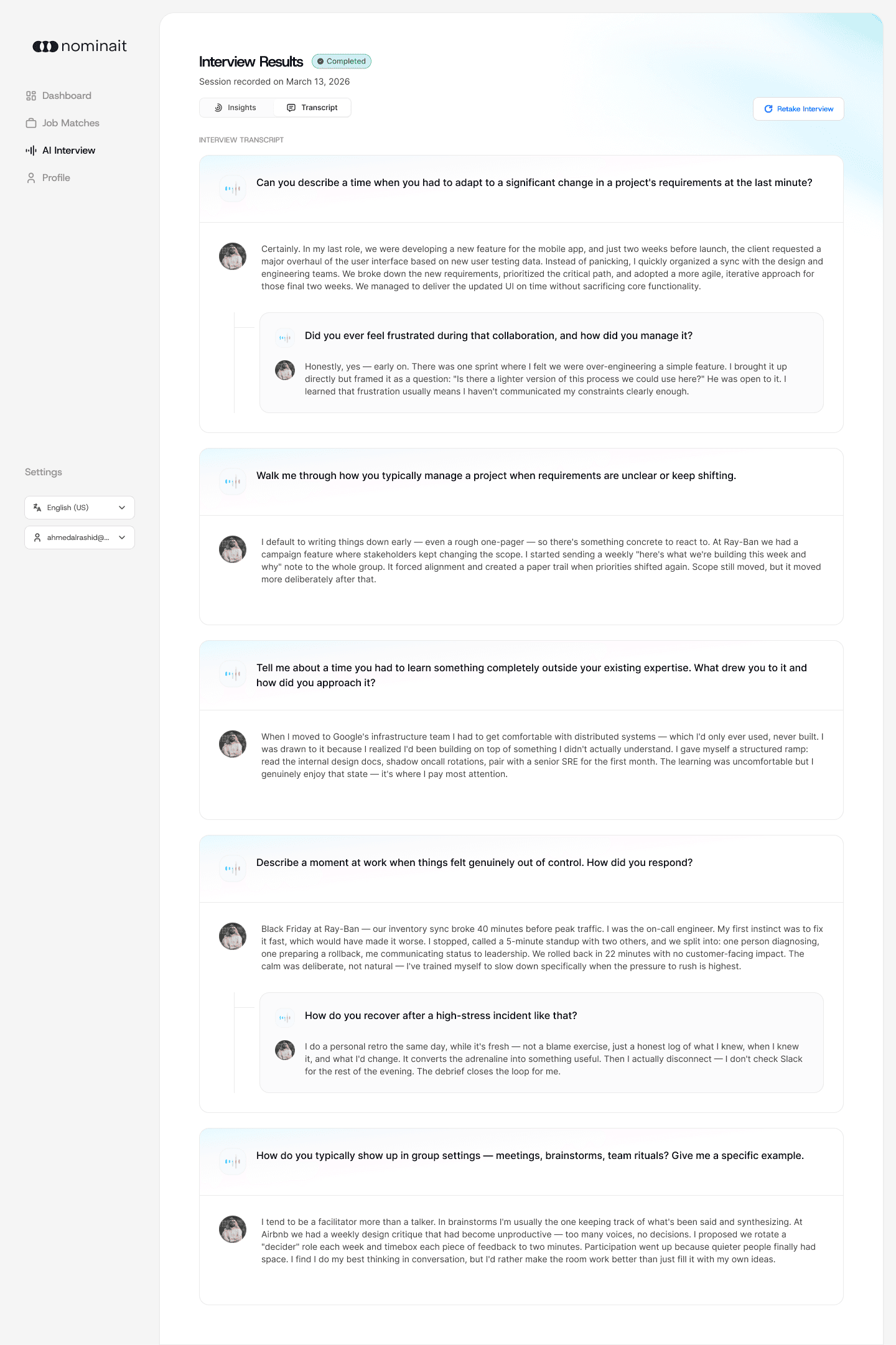 AI interview results with transcript