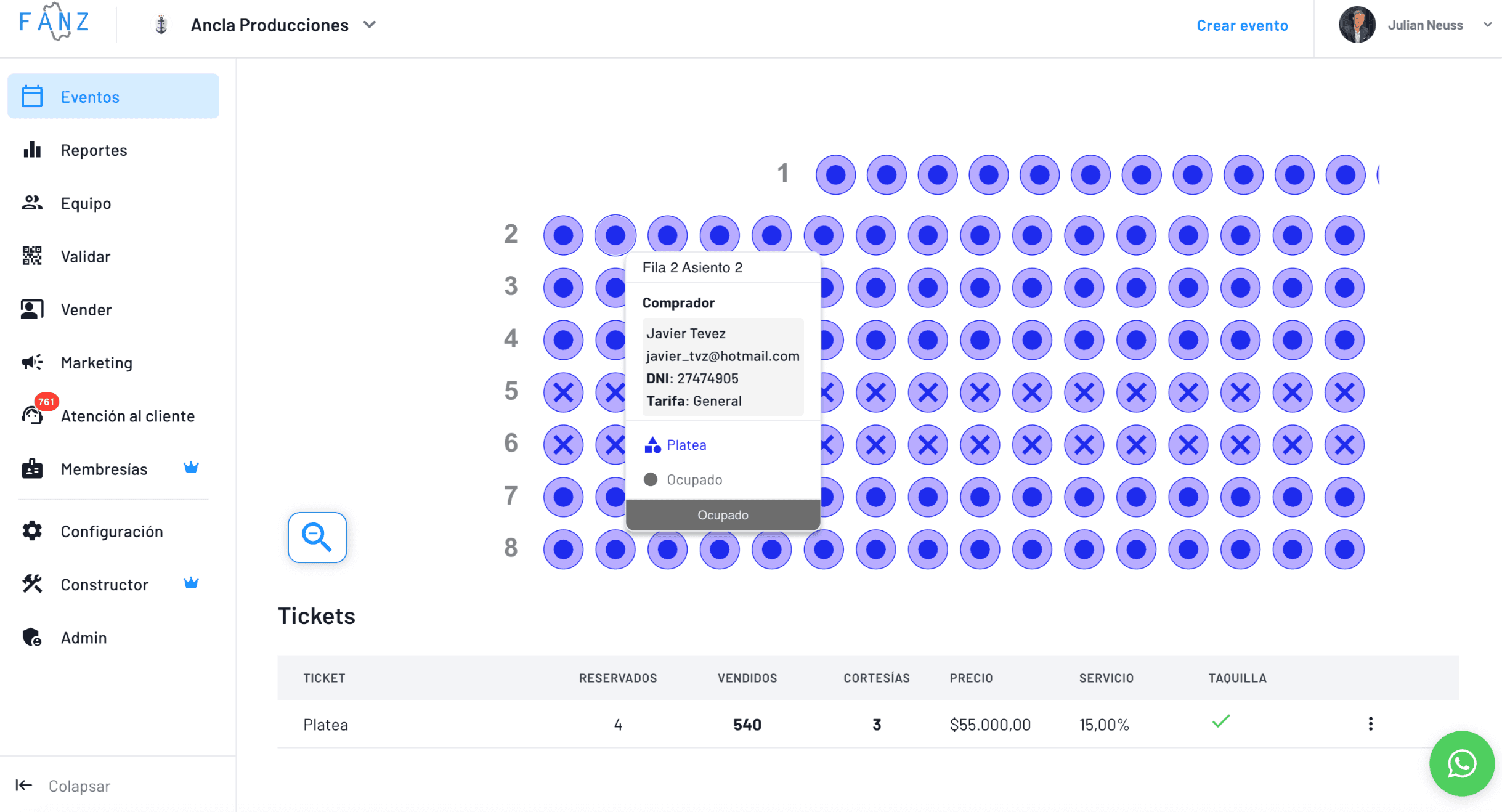 foto de como se manejan los tickets en fanz en el panel 