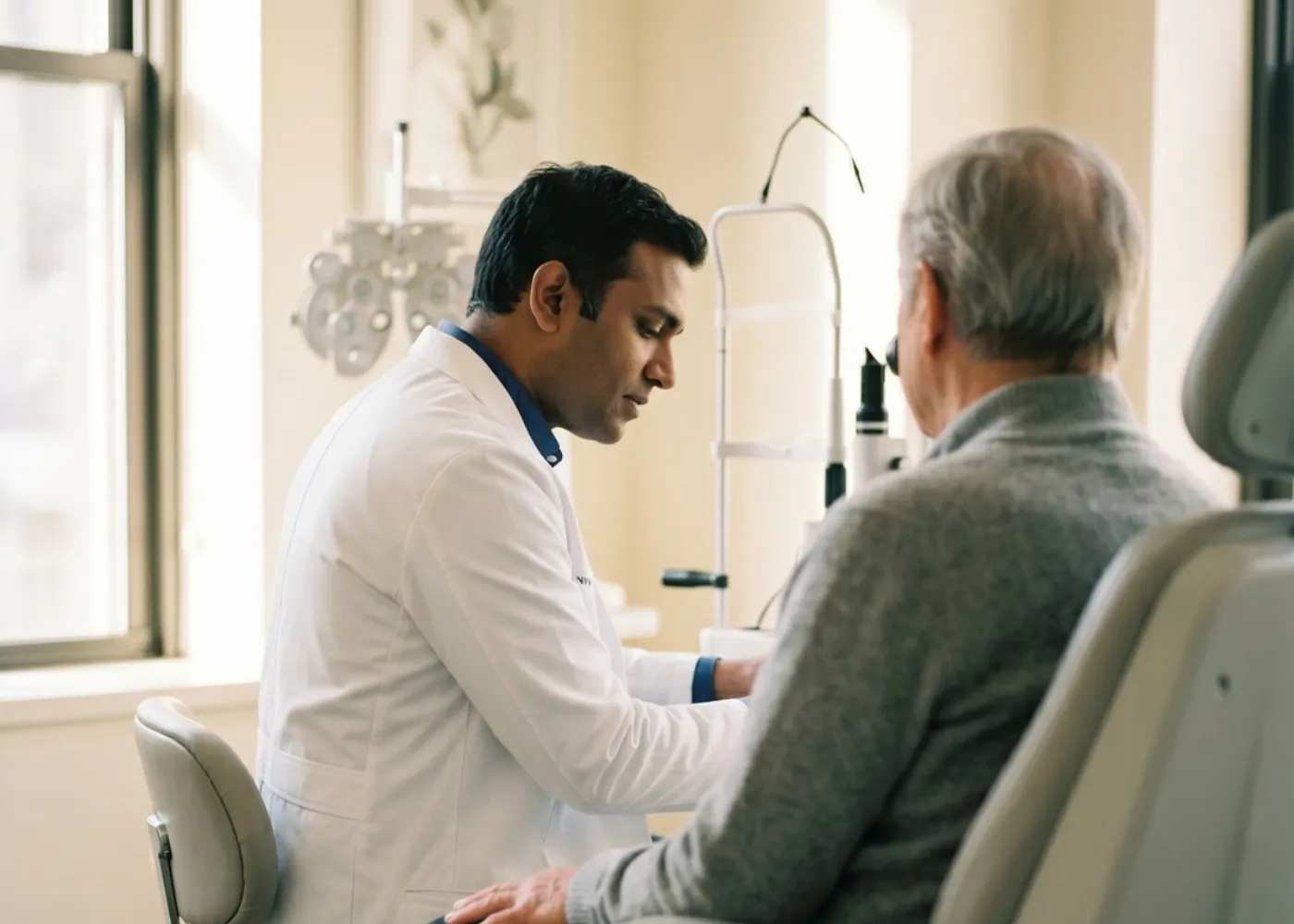 Ophthalmologist reviewing a patient’s eye examination in a modern clinic.