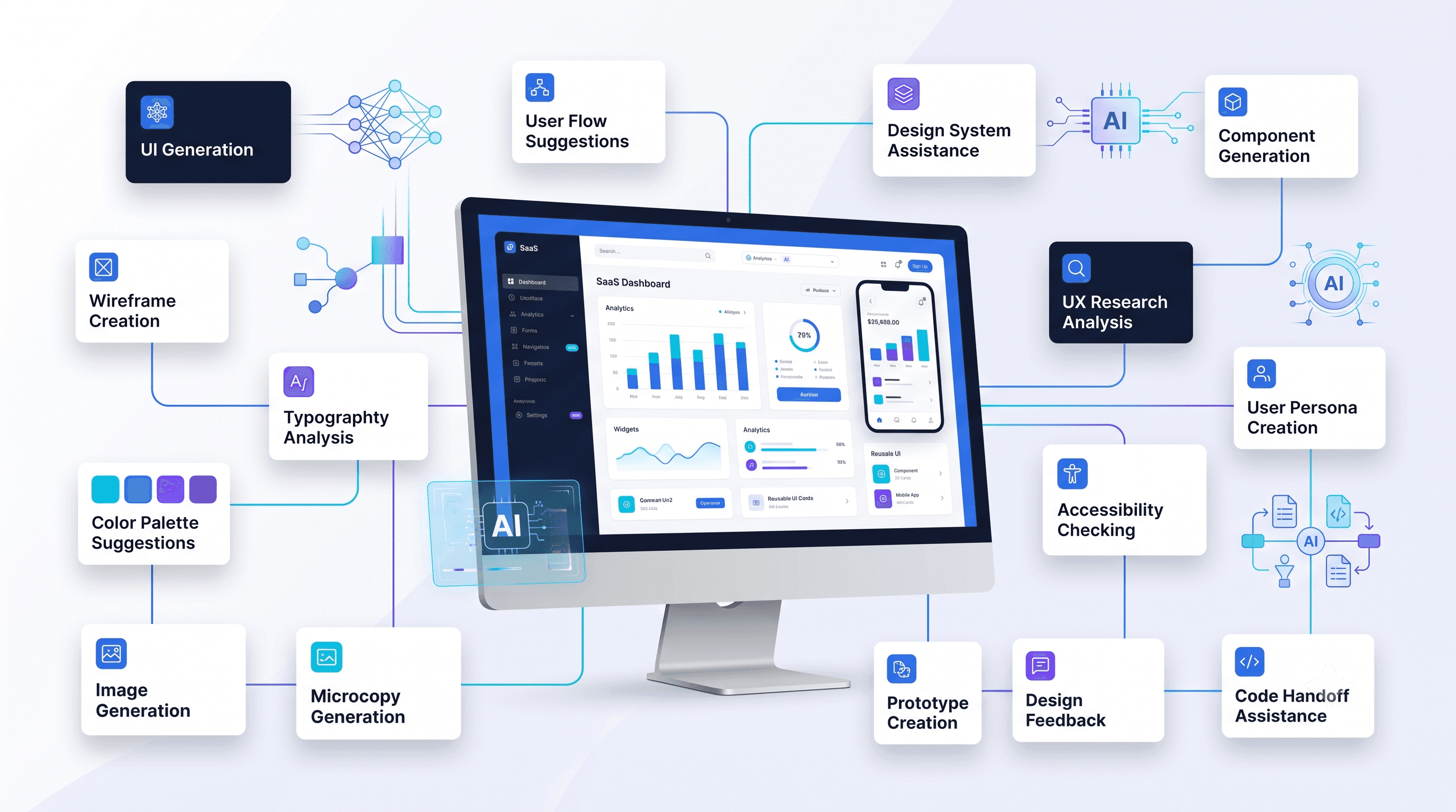 Artonest Design Studio illustration of AI-powered design tools supporting UI/UX designers with wireframing, prototyping, design systems, accessibility, and interface design.