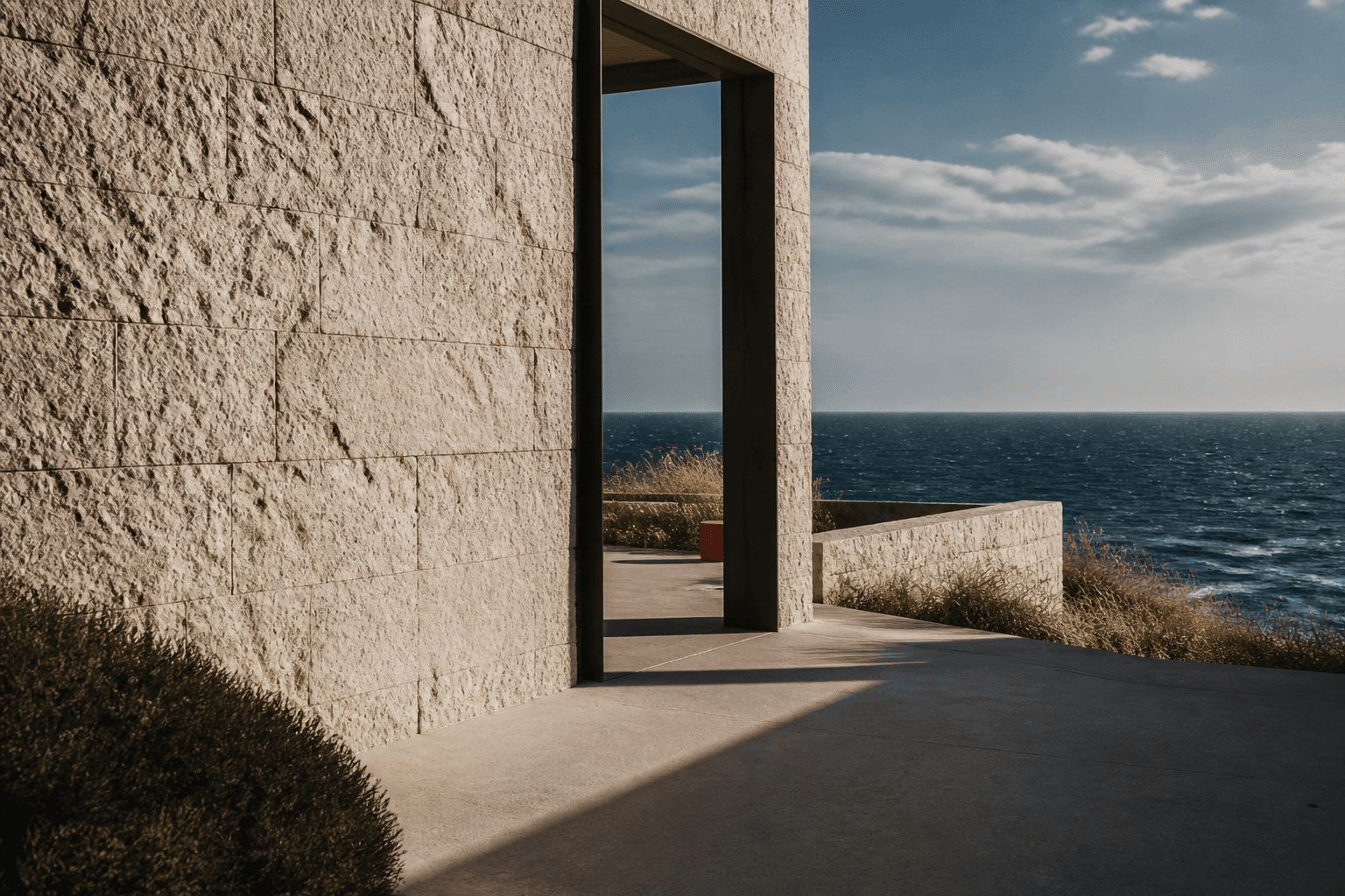 Abstract coastal architecture study with chalk mineral planes meeting deep blue water