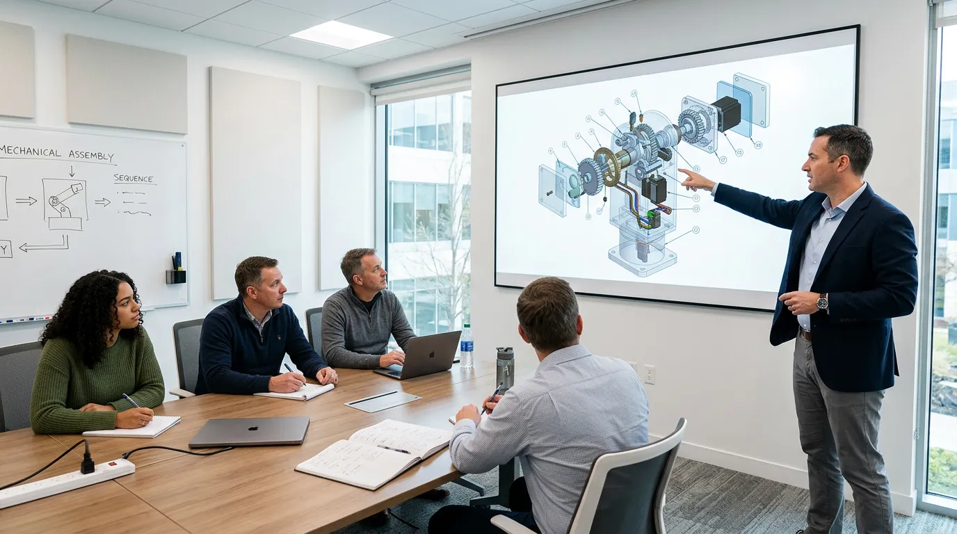 Instructor presenting 3D exploded mechanical assembly to trainees