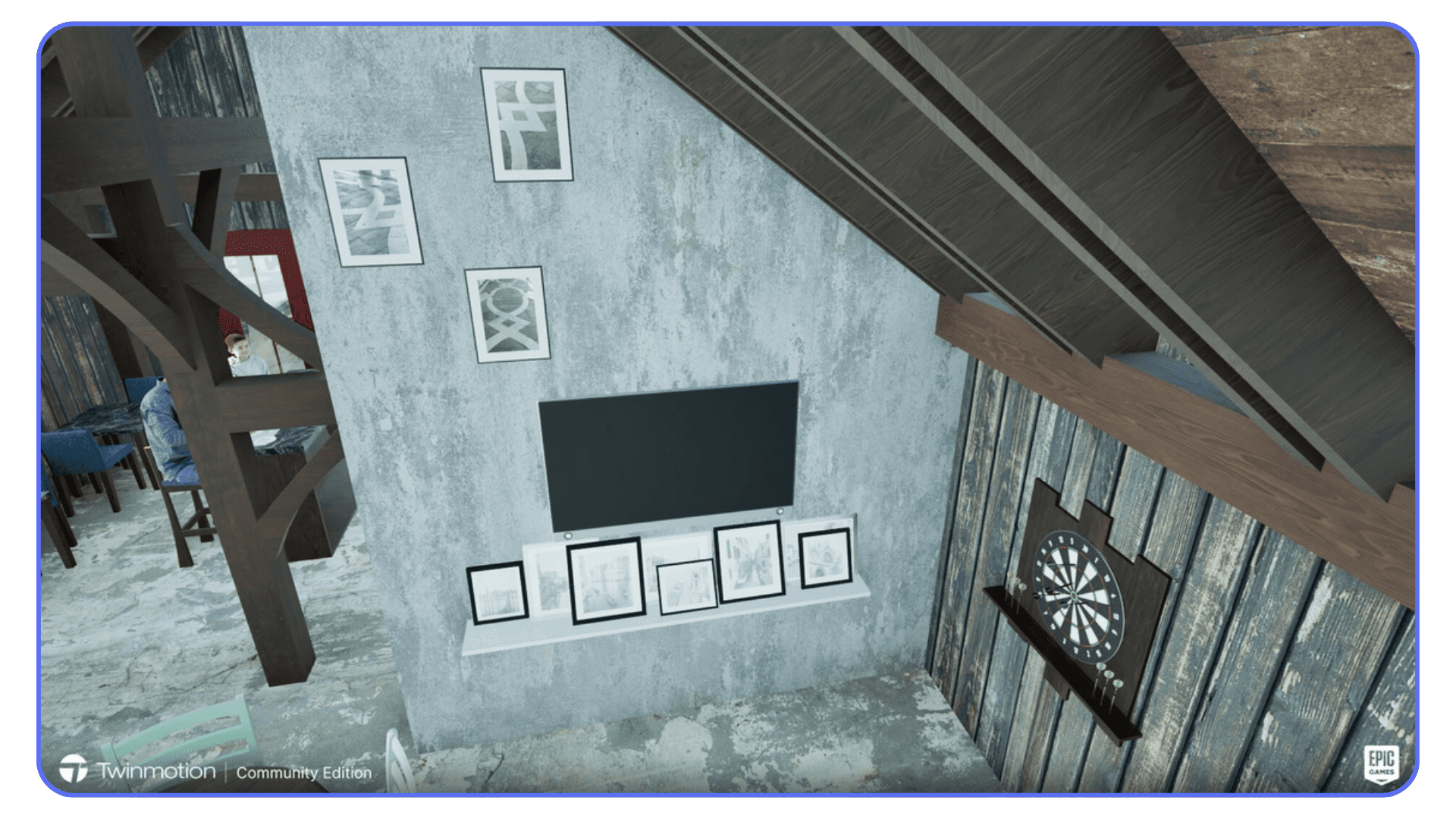 A Twinmotion-rendered interior scene featuring a staircase, framed pictures, a TV, and decorative elements in a cozy room environment.