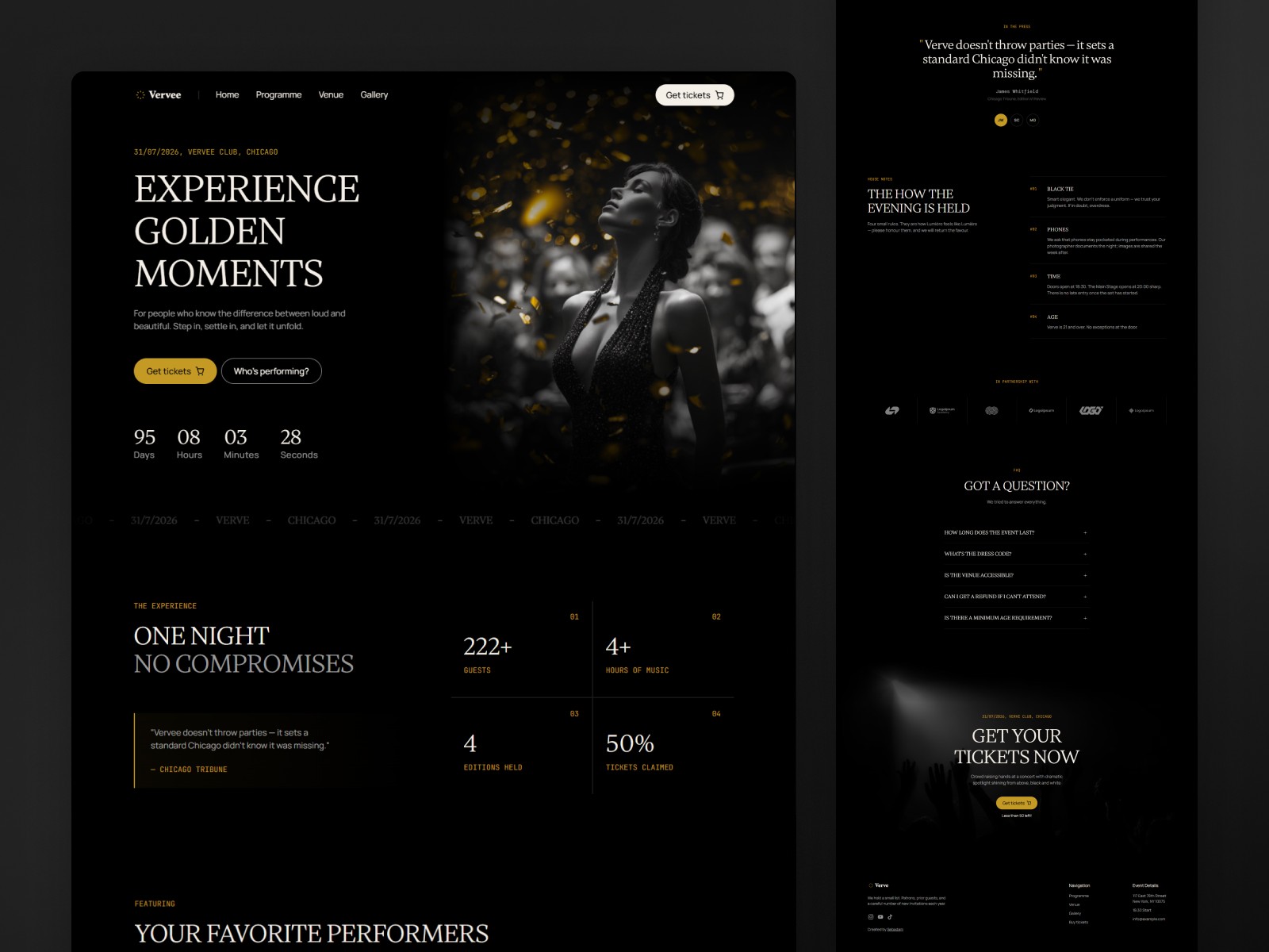 Vervee Framer event template full page preview — dark luxury design with programme, venue, and FAQ sections