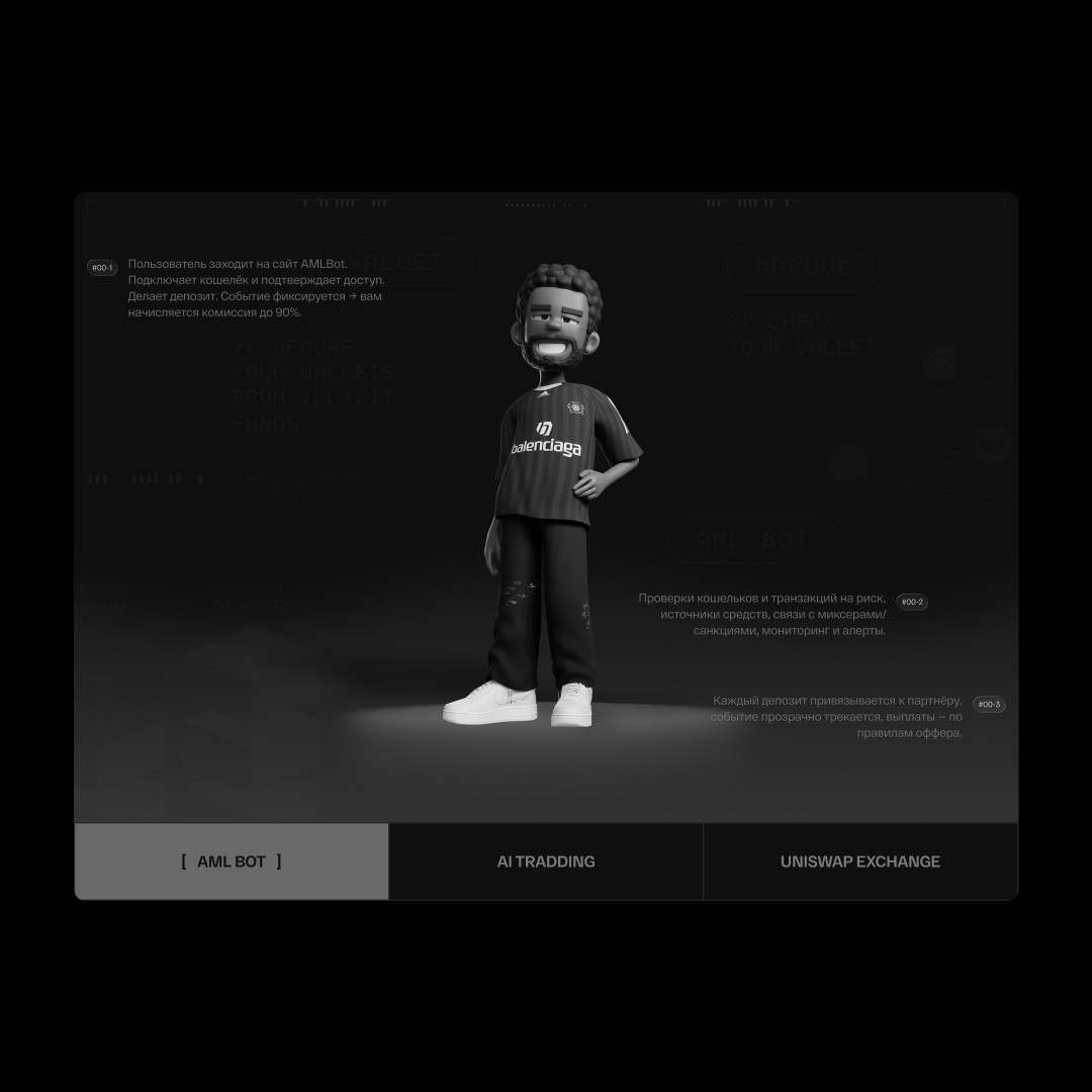 3D character illustration in dark scene representing crypto AML bot service