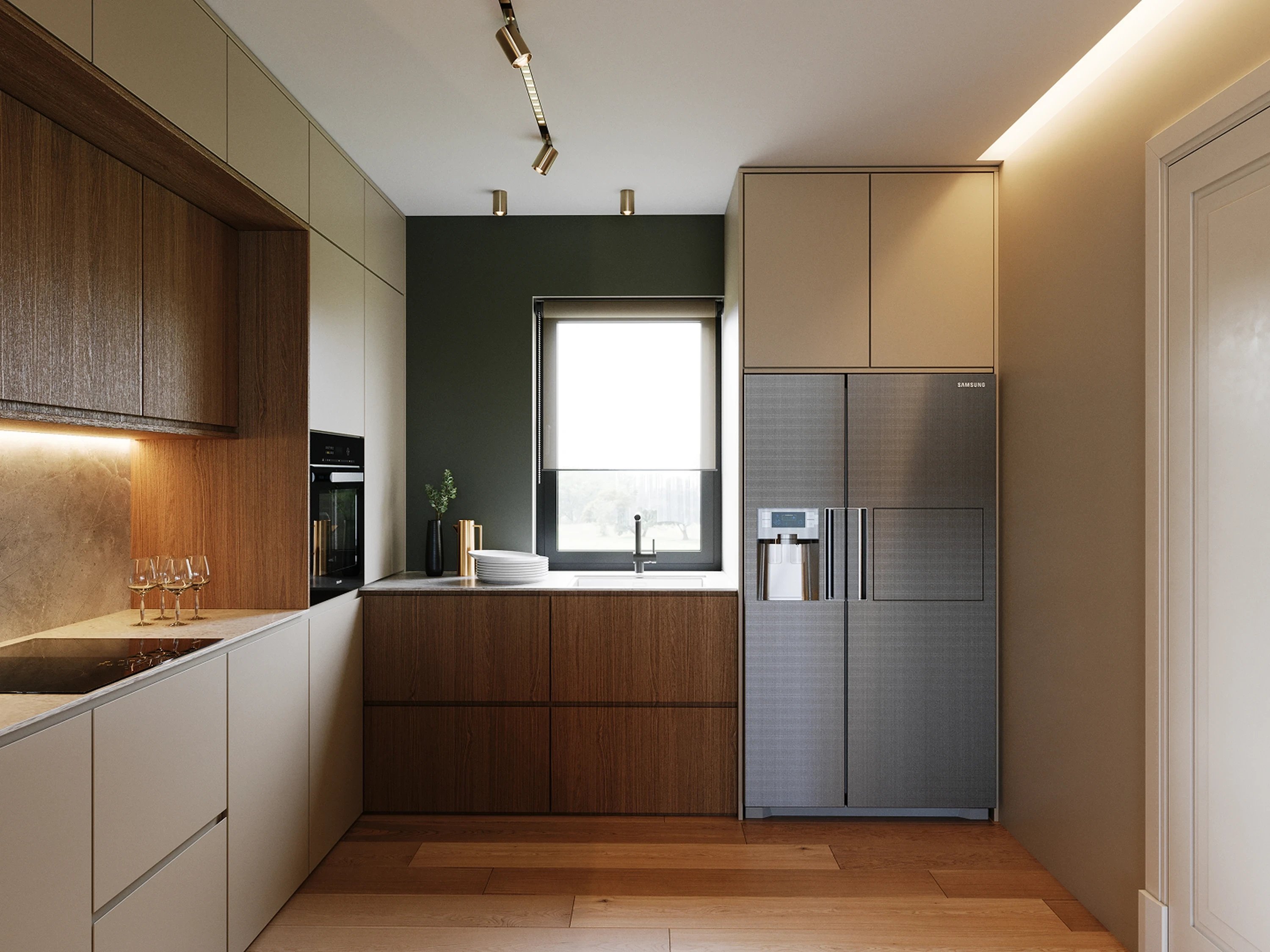 Cuisine — crédence en céramique et éclairage sous meuble.