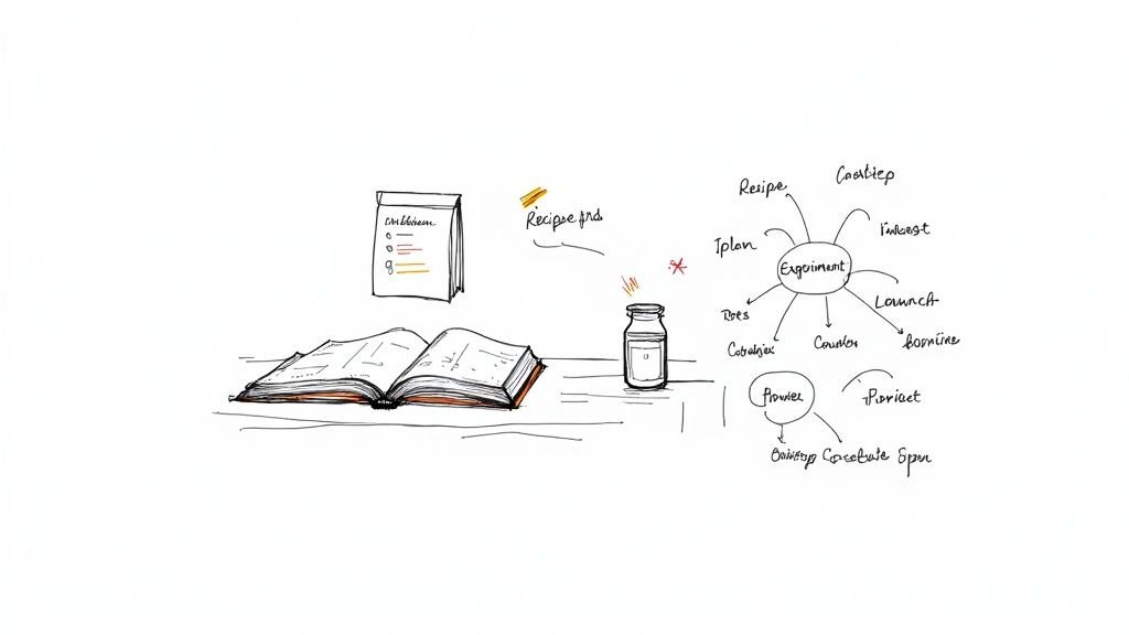 A hand-drawn sketch showing an open book, a jar, a notepad, and mind maps with various concepts.
