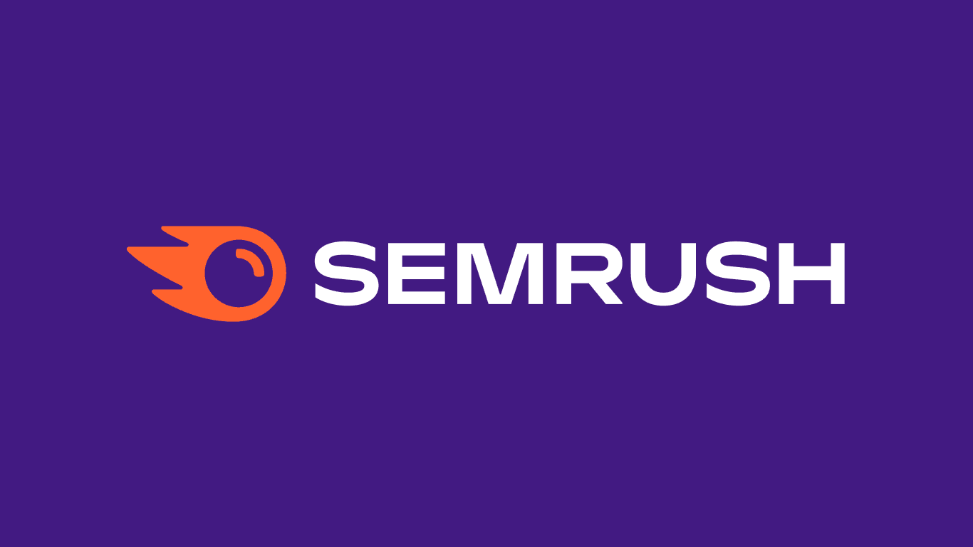 Orange and white Semrush logo on a royal blue background.