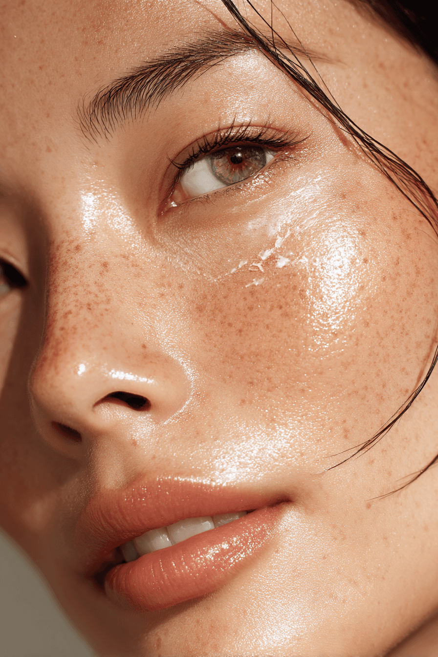 A close-up of the face of an Asian woman with delicate skin, a clear and smooth texture, with water droplets on her forehead and light freckles around her eyes