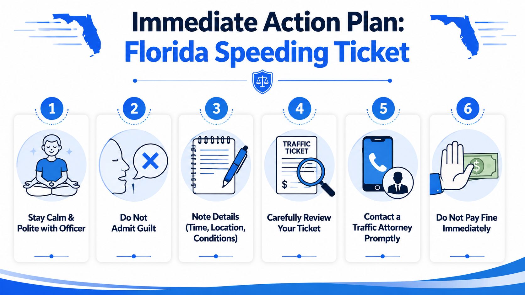 A six-step infographic guide on what to do immediately after receiving a speeding ticket in Florida.