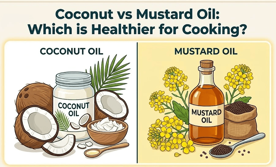 A comparison infographic illustrating the question "Coconut vs Mustard Oil: Which is Healthier for Cooking?" showing coconuts and coconut oil on the left and mustard flowers, seeds, and mustard oil on the right in a professional cartoon animated style.