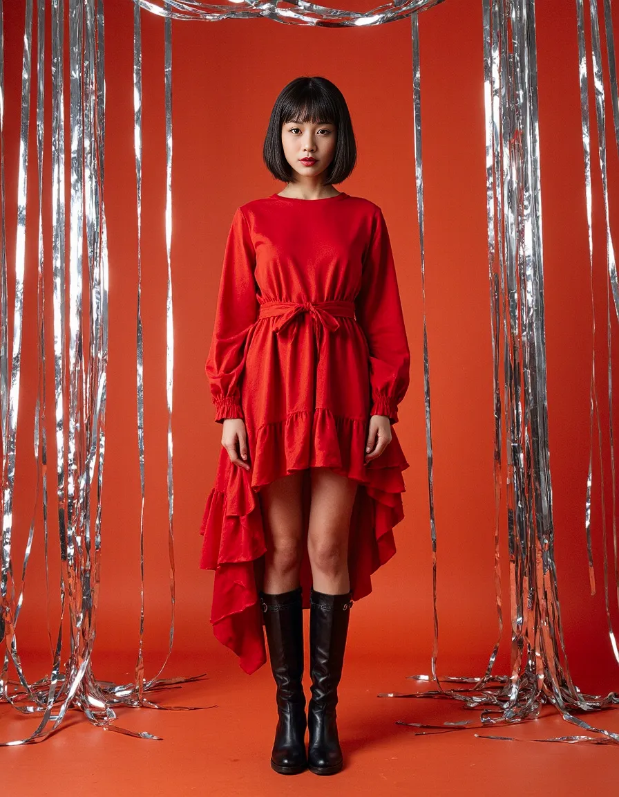 Dramatic red dress with high-low hemline against matching red background, framed by silver metallic curtain elements in editorial style