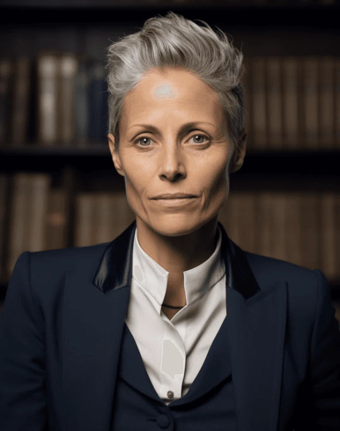 Client with short silver hair in a navy blazer, in front of a dark bookshelf