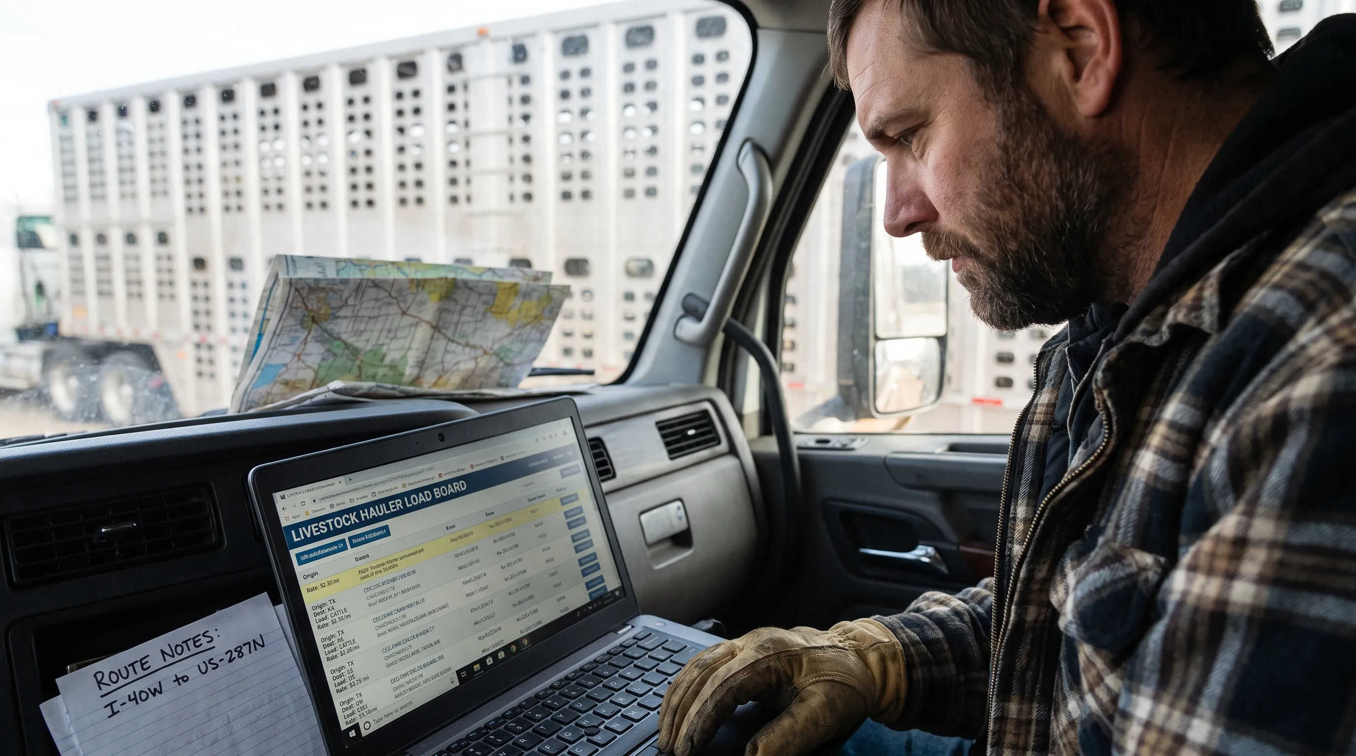 A hauler studies a livestock load board on a laptop beside route notes, with a livestock trailer and road map in the background.