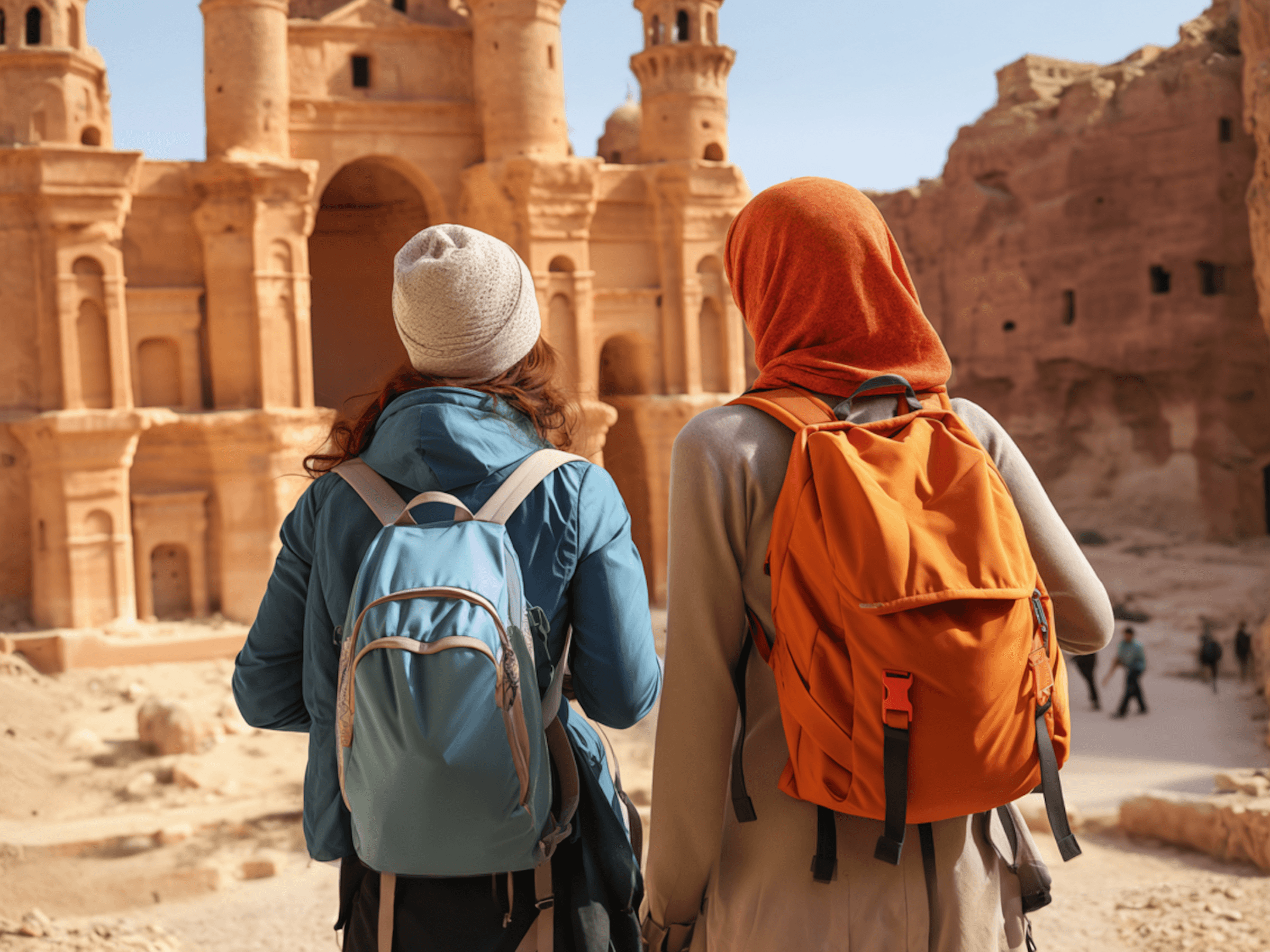 Two travelers exploring ancient ruins in AlUla under golden light.