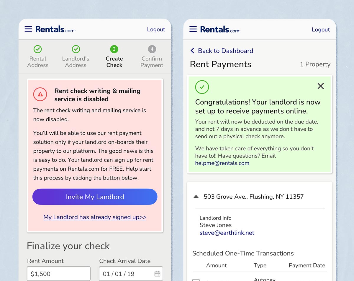 Rentals mobile view of warning and success popups