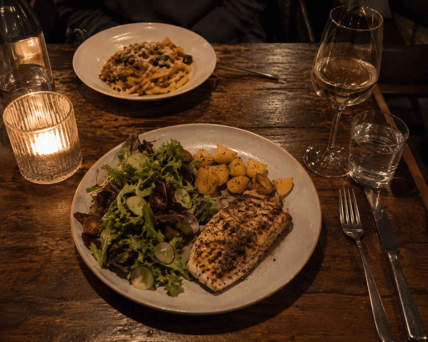 Restaurant plate with balanced portions — applying Harvard Plate method principles when eating out