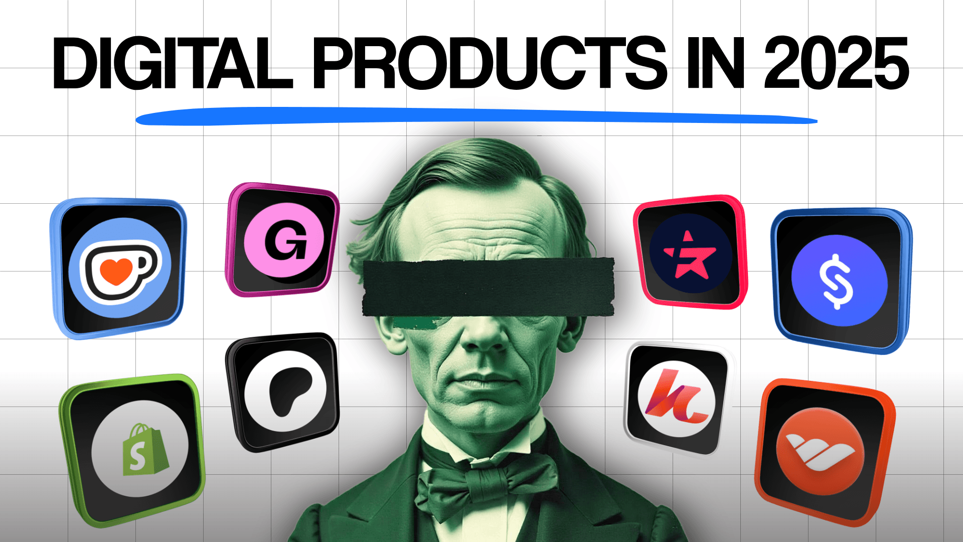 A pic of lincoln with different tools to sell digital products on