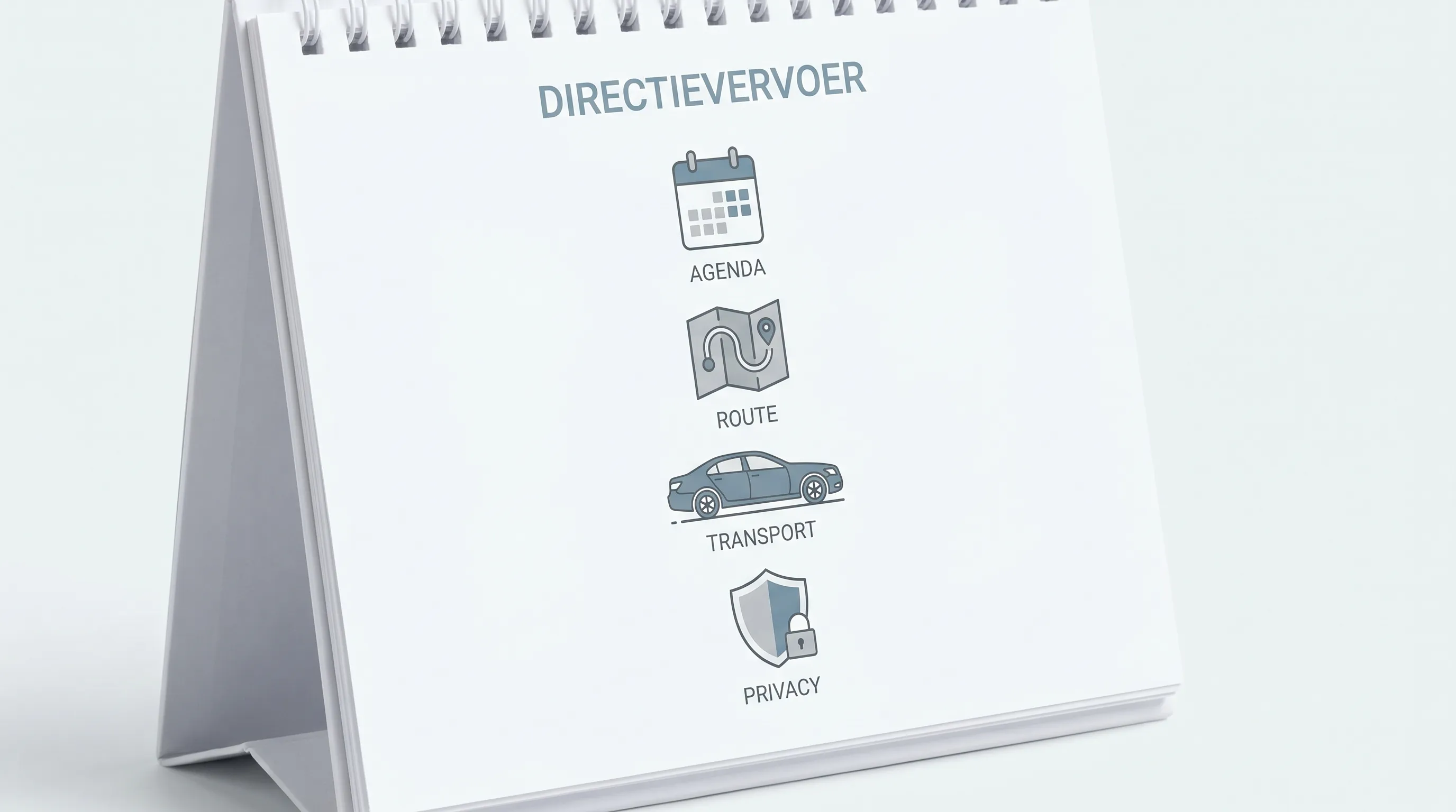 Minimalistische illustratie van directievervoer: agenda-icoon, route-icoon, auto-icoon en schild-icoon (privacy) in een strak schema, zakelijke uitstraling.