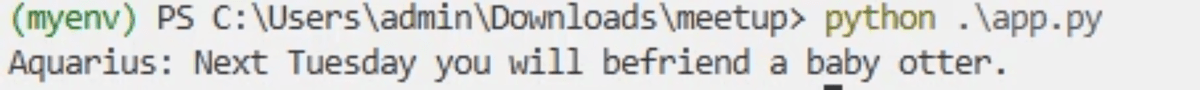A PowerPoint slide titled ‘Functions’ showing a Python command-line execution with output about an Aquarius zodiac sign prediction.