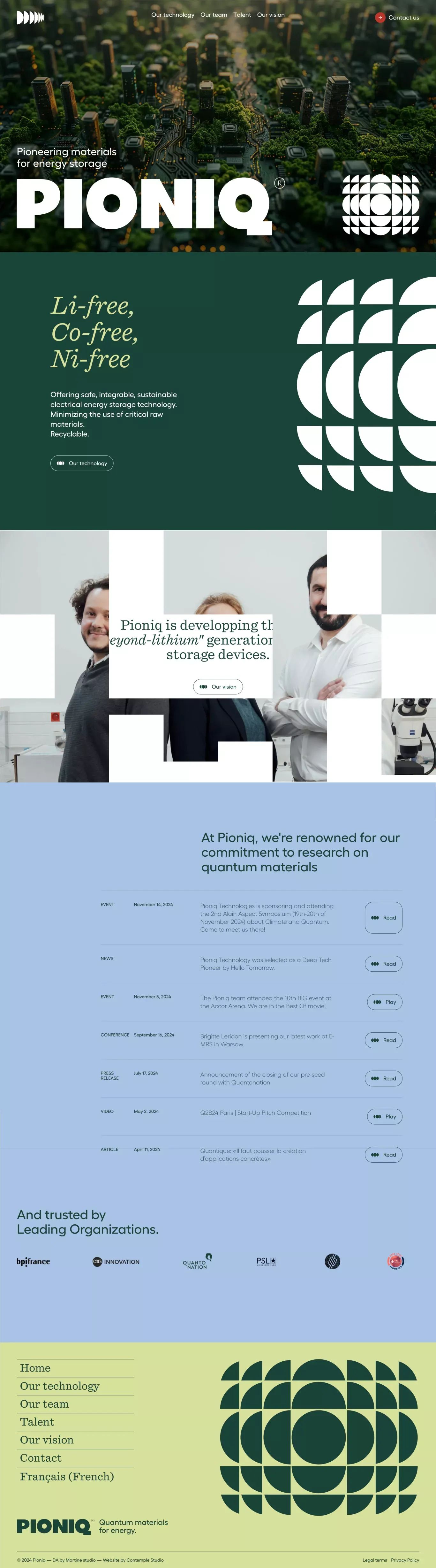 Pioniq Technologies - Pioneering materia landing page screenshot showcasing Tech design